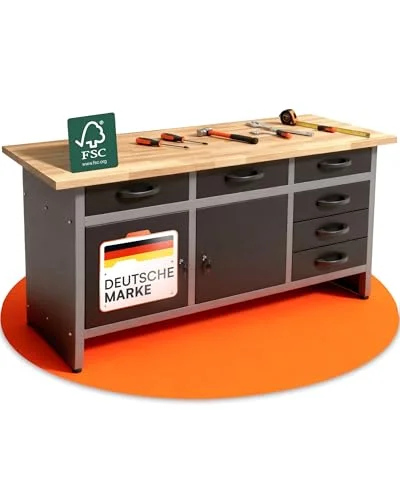 Ondis24 Werkbank Karsten Werktisch Packtisch 6 Schubladen Werkstatteinrichtung 160 x 60 x 85 (H) cm Buchenholzarbeitsplatte, Metall bis 510kg belastbar