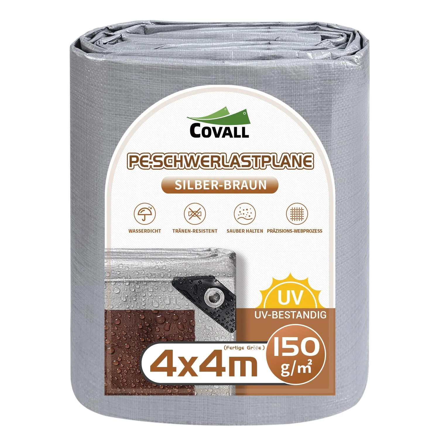 COVALL Abdeckplane Fertigmaß 4x4m, wasserdicht 150g/m² PE Schutzplane Gewebeplane mit Ösen, UV stabil reißfest LKW Plane, Mehrzweck Abdeckung