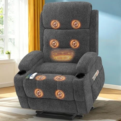 Srfzluxy Fernsehsessel Massagesessel mit Liegefunktion, Relaxsessel mit Wärme und Massage, 360°Drehbarer TV Sessel Wohnzimmer, Schaukelstuhl mit Gepolsterte Kopfstütze, 2 Seitentaschen