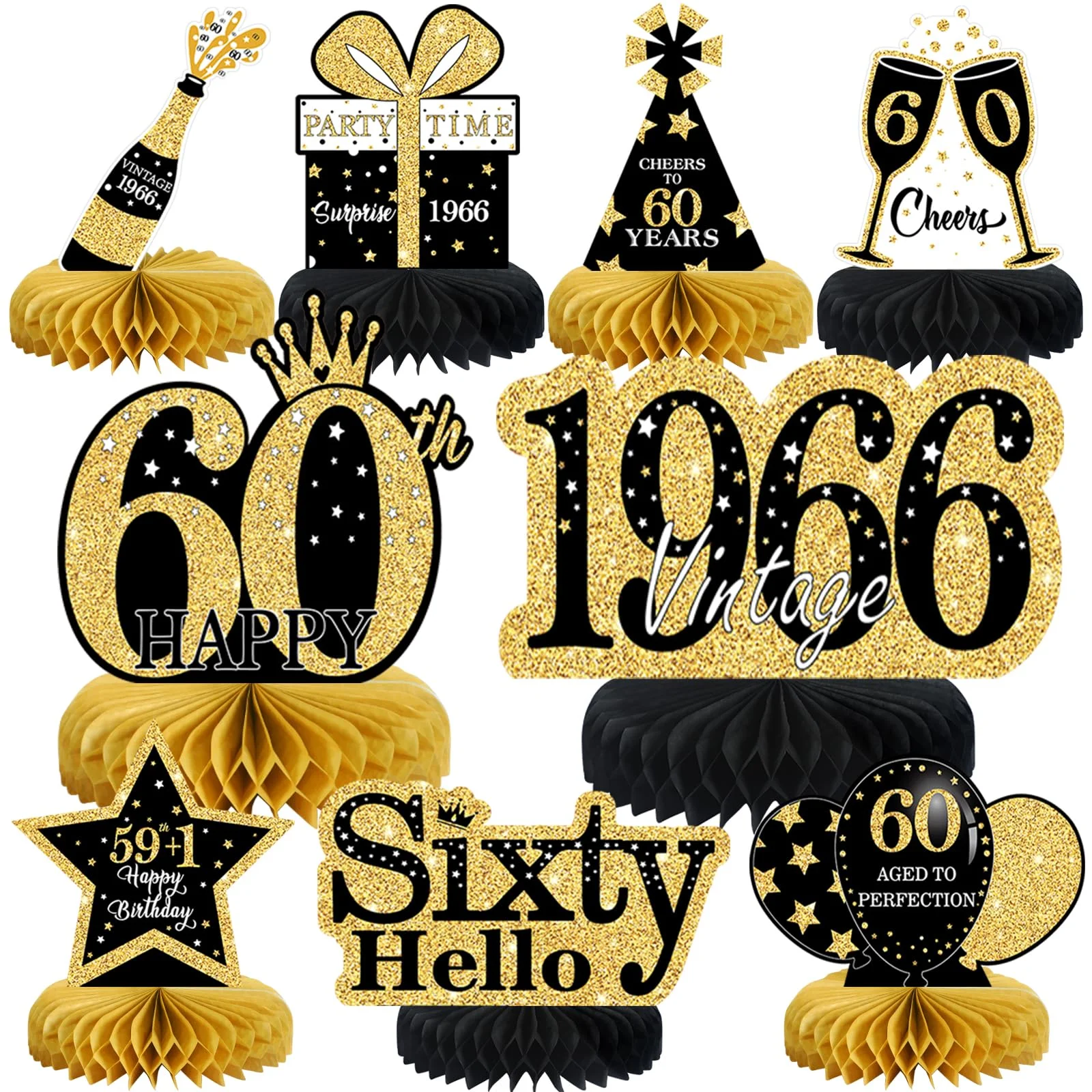 Voxisroma 60 Geburtstag Deko Männer 9 Stück Wabenmuster Schwarz Gold Mittelstücke Geburtstag Tischdeko 60 Geburtstag 60 Geburtstag Deko für Frauen Männer Geschenke