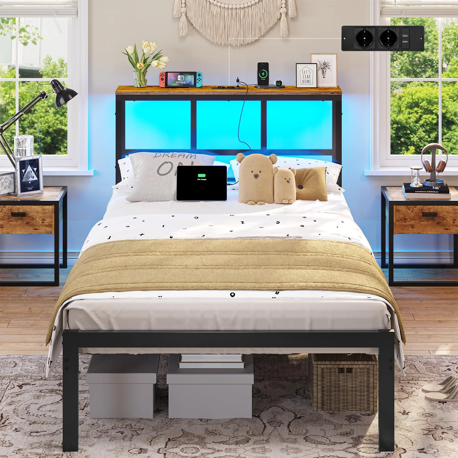 Brinlawb Bett 90x200 mit Lattenrost aus Metall Bettgestell mit LED Beleuchtung, Metallbett 90x200 mit Kopfteil (2 AC-Steckdosen, 2 USB-Anschlüsse) Jugendbett für Schlafzimmer und Gästezimmer