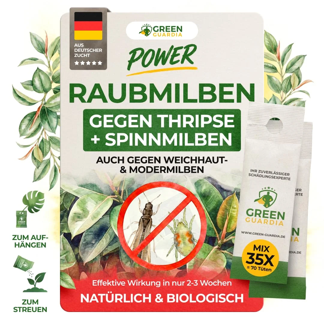 GREEN GUARDIA Power Raubmilben Mix gegen Thripse & Spinnmilben– 35 Mix mit 70 Tüten -Biologisches Mittel zur effektiven Thripse Bekämpfung–Umweltfreundlich, chemiefreie Mittel,einfache Anwendung