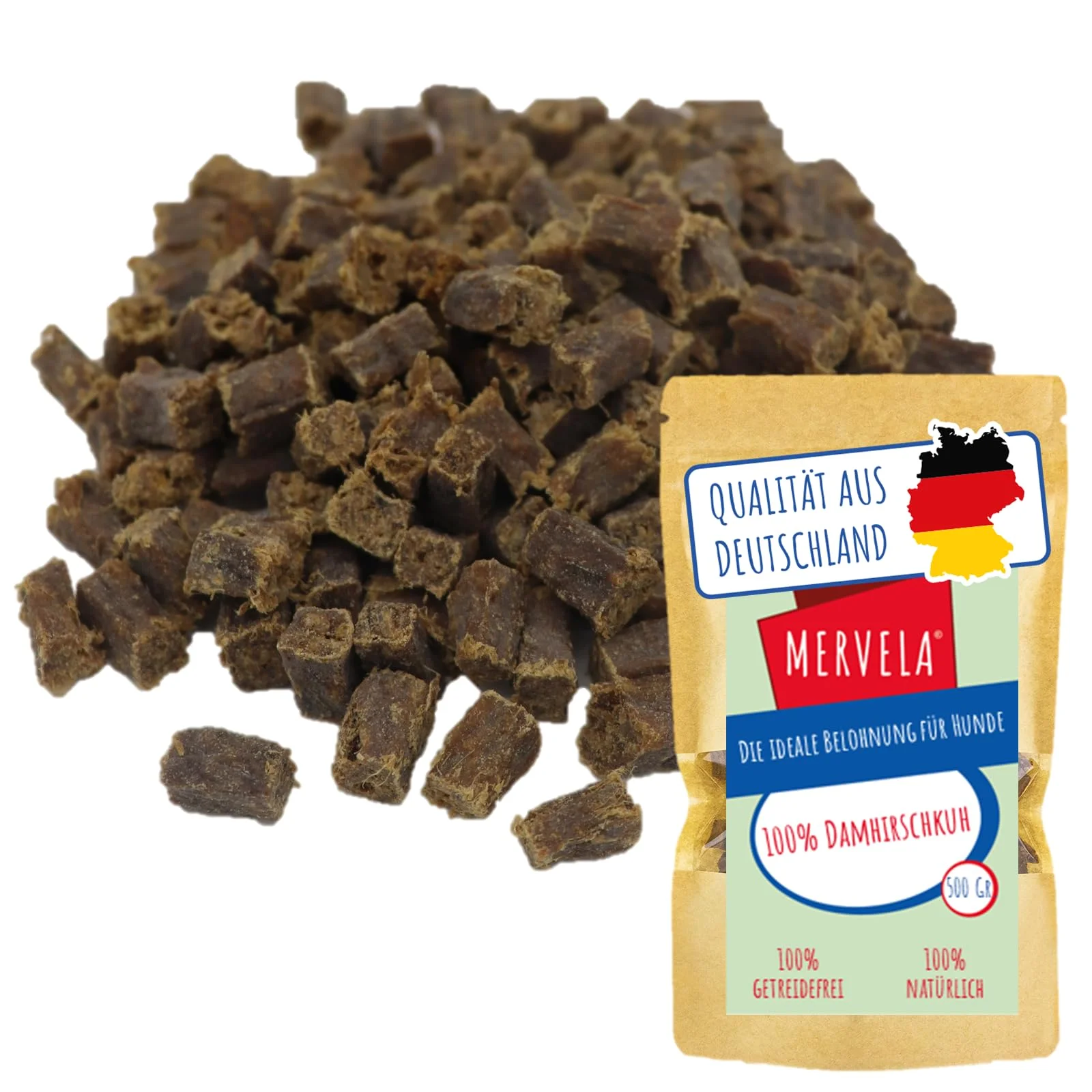 MERVELA® Premium Damhirschkuh Kauwürfel für Hunde, 500g - Ideal als Trainingsleckerli | 100% Natürliches Damhirschkuhfleisch | Hypoallergen für Sensible Hunde | Made in Germany