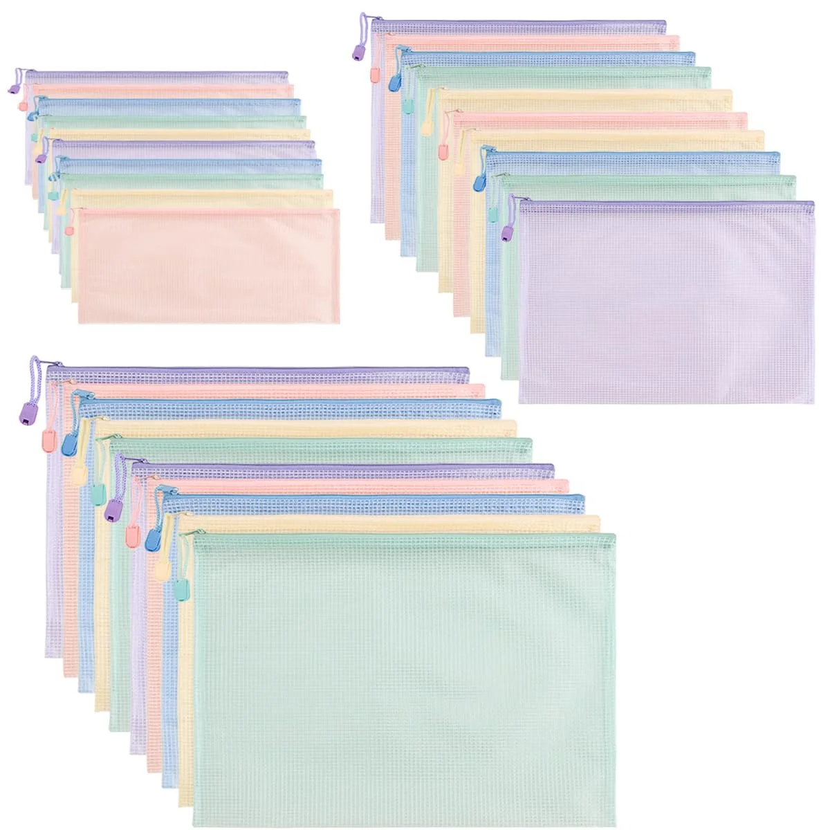 FANXIYA 30 Stück Dokumententaschen A4 A5 A6, Wasserdichte Kunststoffmappen mit Reißverschluss & Aufhängeschnur, Transparente Bunte Sortierbeutel für Schule, Büro & Reisen