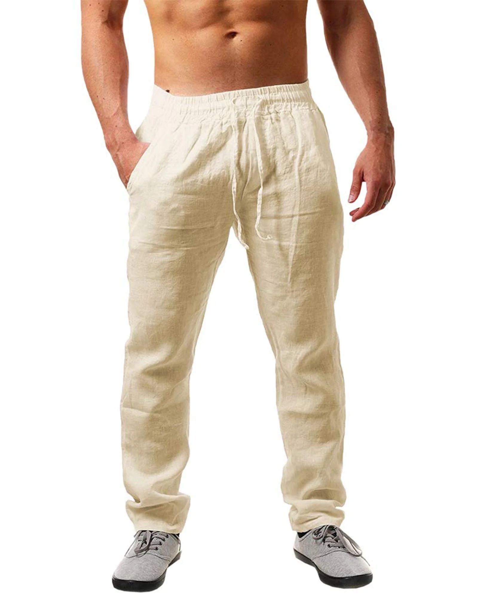 NEMXCE Leinenhose Herren Lang Leichte Sommerhose Herren Loose Fit Freizeithose mit Taschen Kordelzug für Urlaub Strand Yoga Alltag
