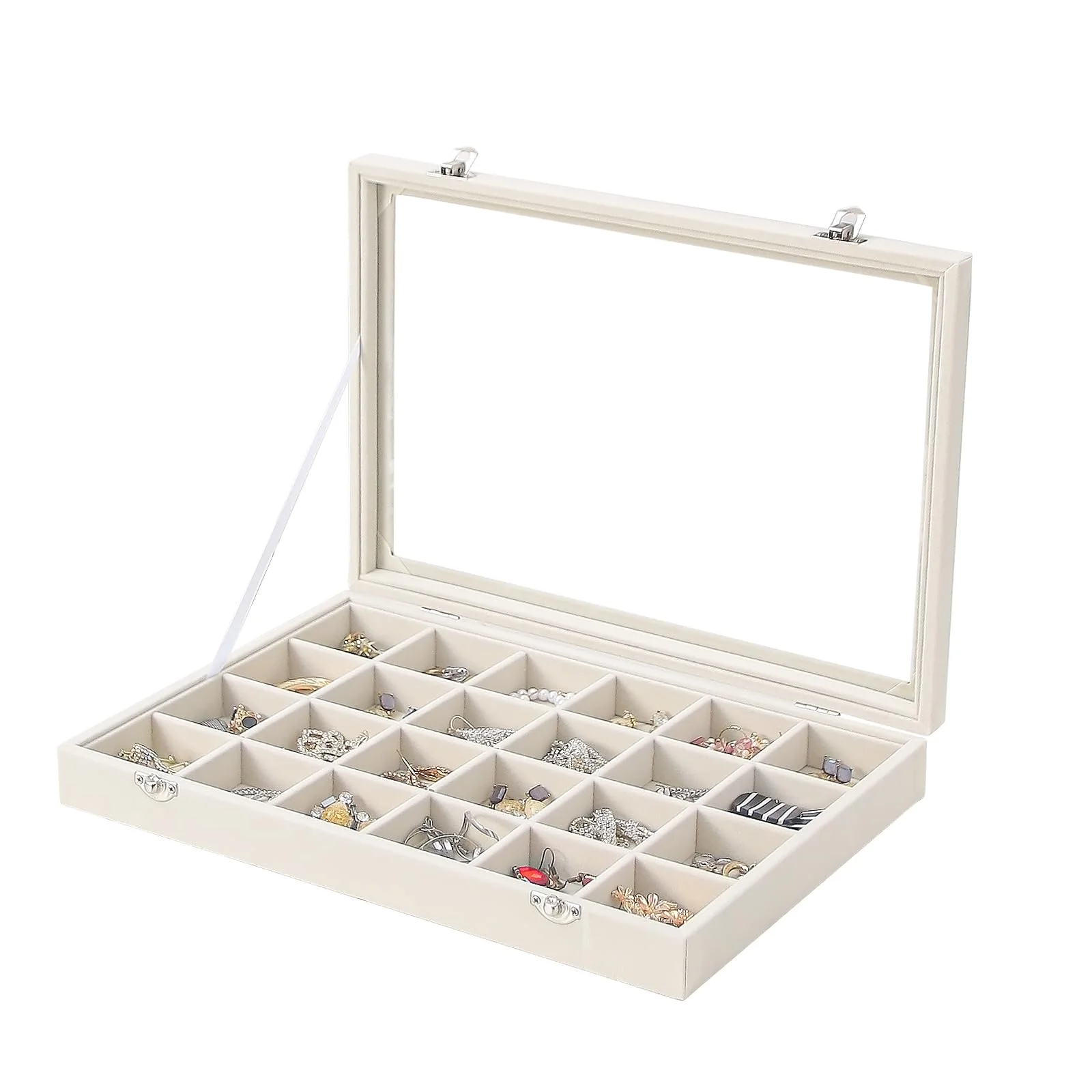 Coward Schmuck-Organizer-Box, beigefarbener Samt, 24 Fächer, für Ringe, Ohrringe, Schmuck-Präsentations-Tablett mit transparentem Glasdeckel, für Zuhause, Schublade oder Ladenverkauf