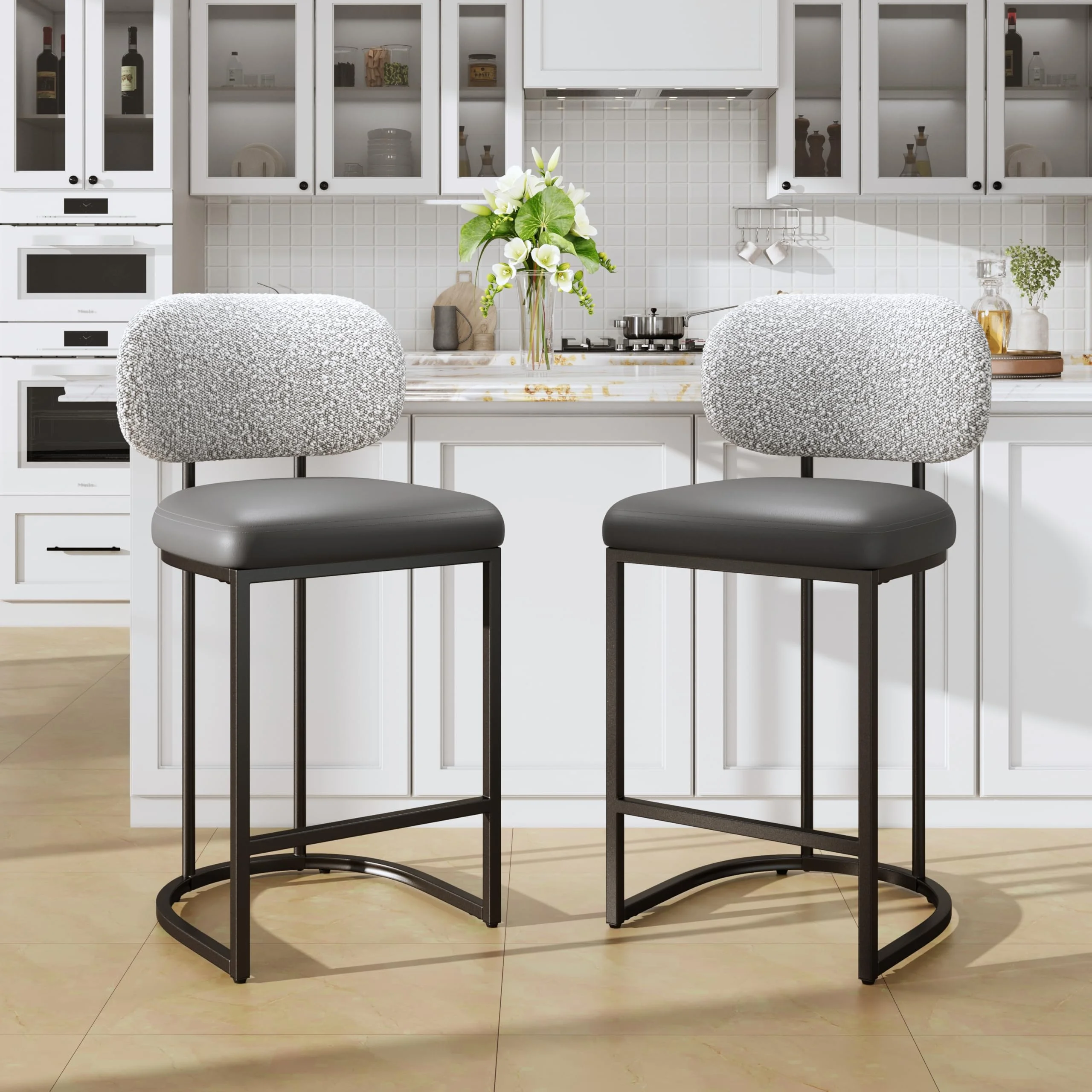 ALPHA HOME Barhocker 2er Set mit Lehne Küchenhocker mit Fußstütze Barstuhl 2er Set mit Metallgestell Barstühle für Küche, Esszimmer, Hausbar, Grau