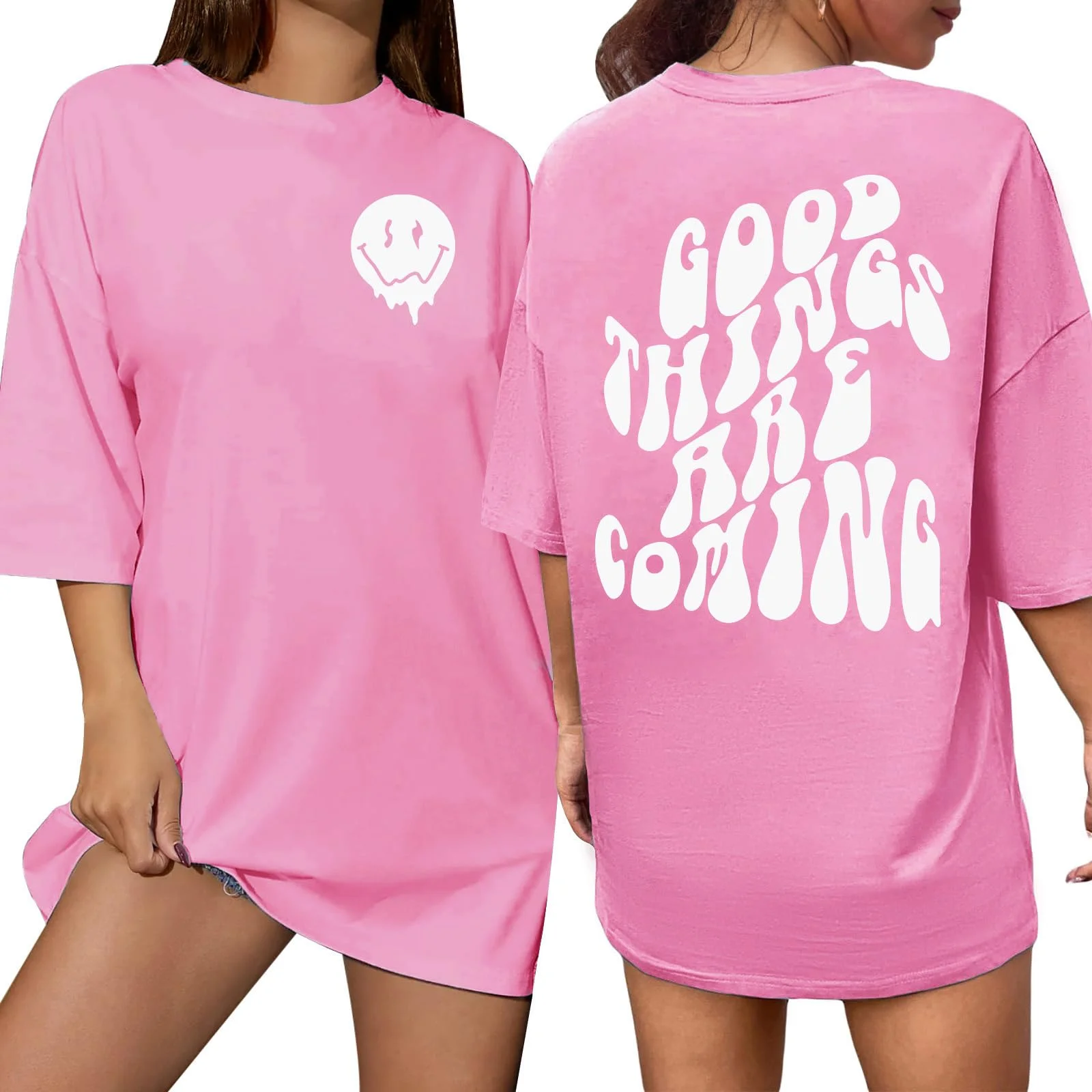 CMTOP T-Shirt Damen Oversize Shirt Hemden mit Kreativen Buchstaben Lose Rundhals Kurzarm Baumwolle Casual Tops Bluse Oberteil Sommer Basic Shirt Lang Top Sportshirt