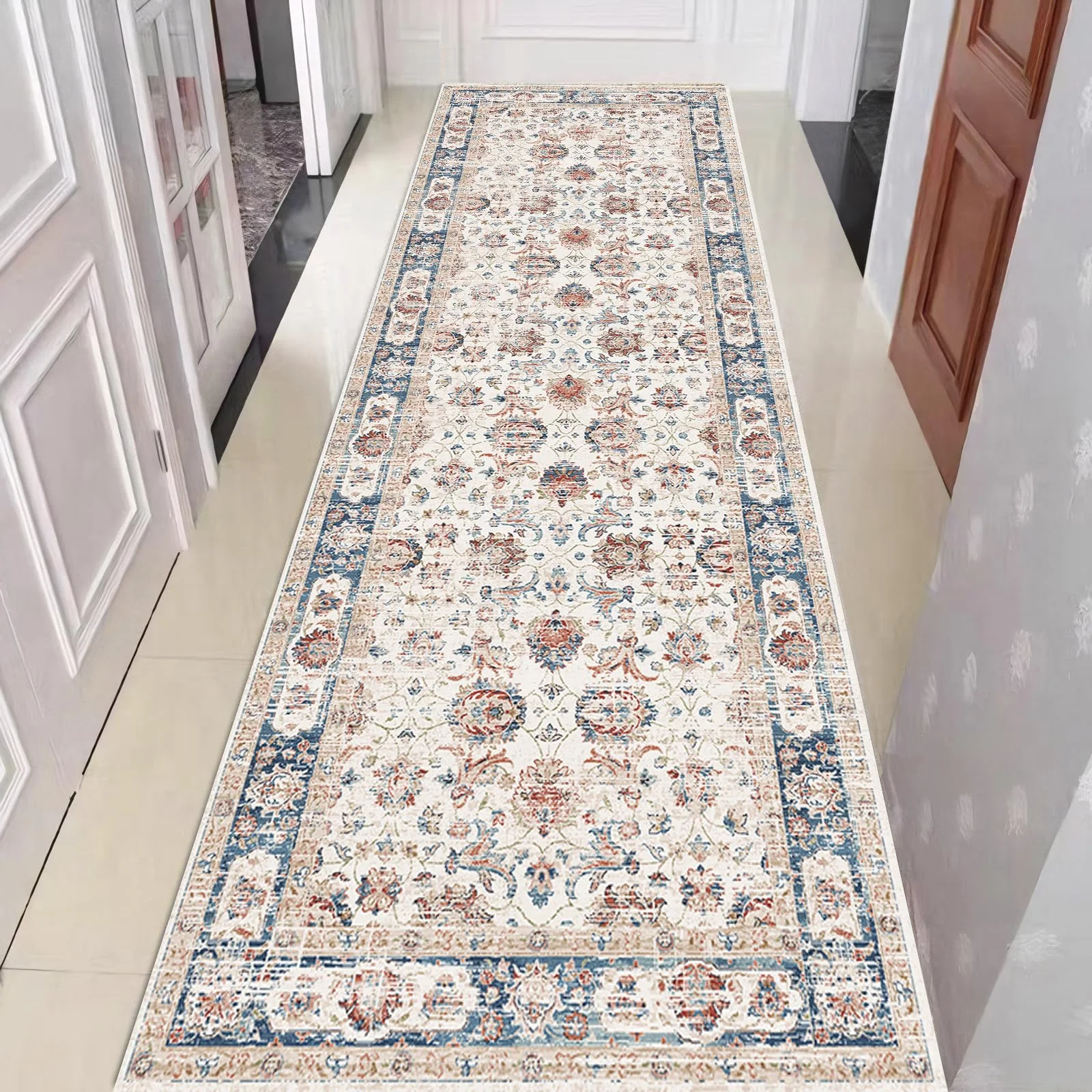 Hibate Vintage Teppichläufer 60x240 cm Waschbar, rutschfest mit TPR-Rückseite, Kurzflor Flurläufer im Vintage Design für Flur Küche, Eingangsbereich und Schlafzimmer, Mehrfarbig Laundry Room Bathroom