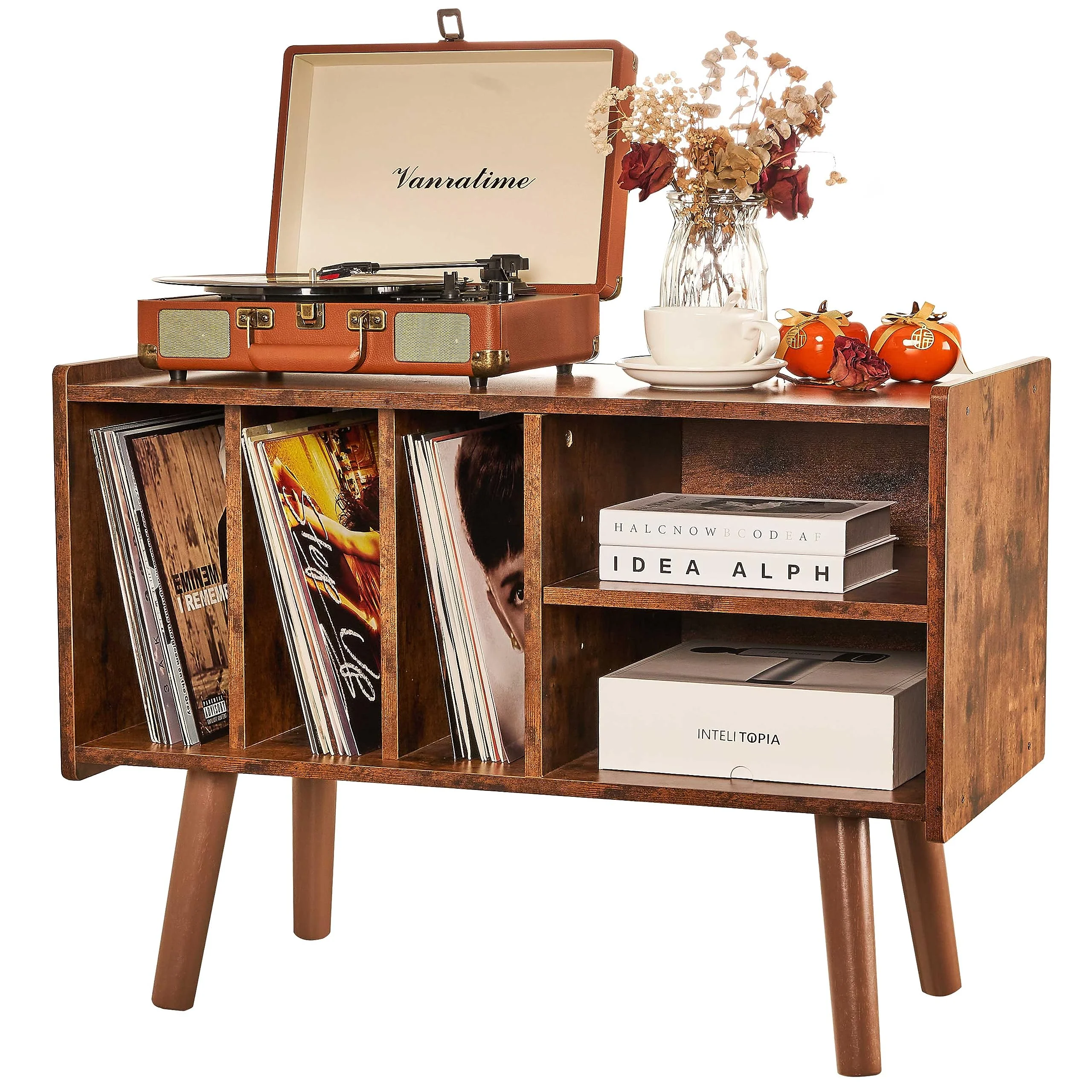 LKKRO Record Player Stand with 4 Cabinet Holds Up to 220 Albums, Mid-Century Record Player Table, Black Vinyl Holder Storage Shelf for Bedroom Living Room (Brown)