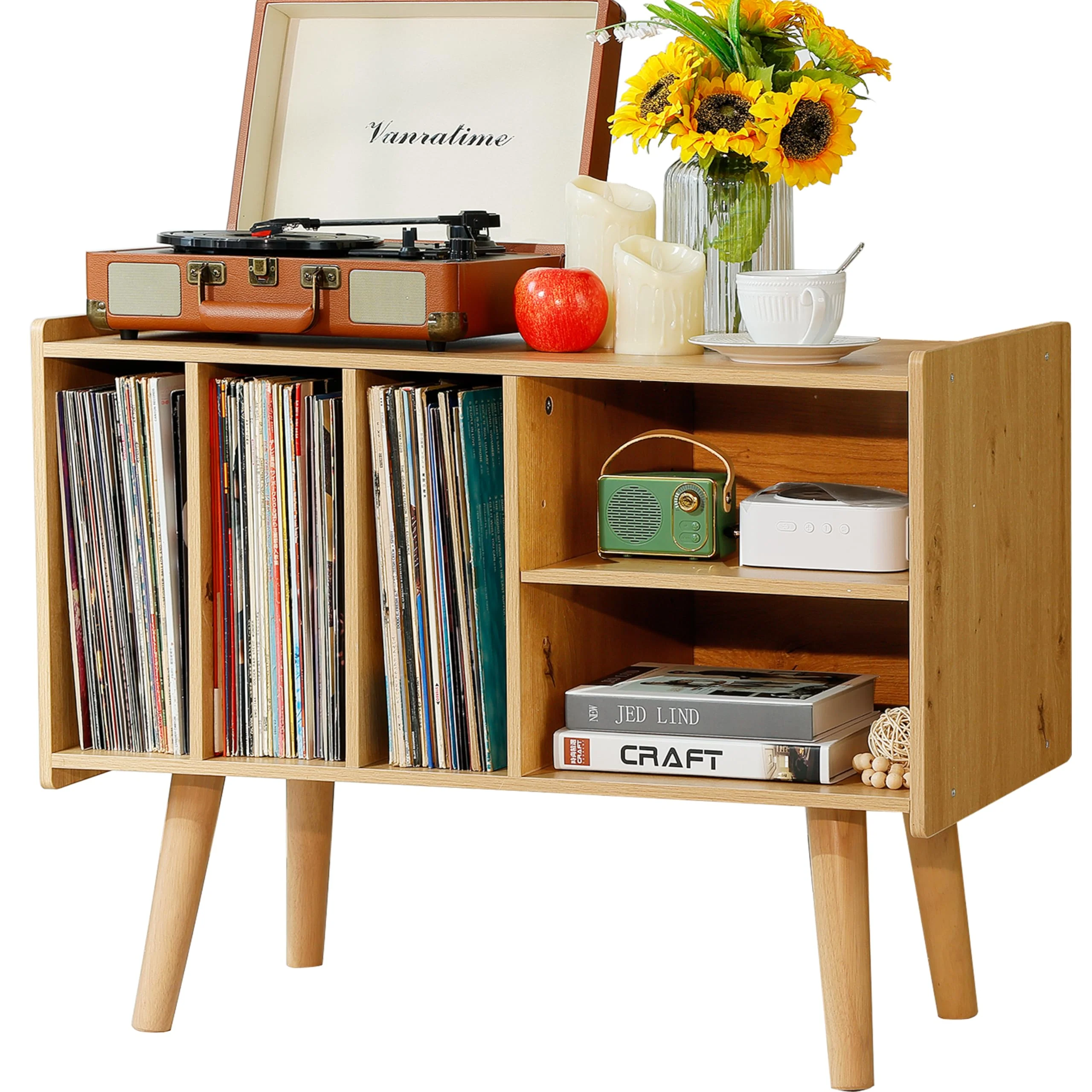 LKKRO Plattenspieler-Ständer mit Vinyl-Aufbewahrung, hält bis zu 136 kg, großer Plattenspieler-Tisch für Albumaufbewahrung mit Halter, Vinyl-Display-Regal, Holz-Plattenspieler-Ständer (Nature)