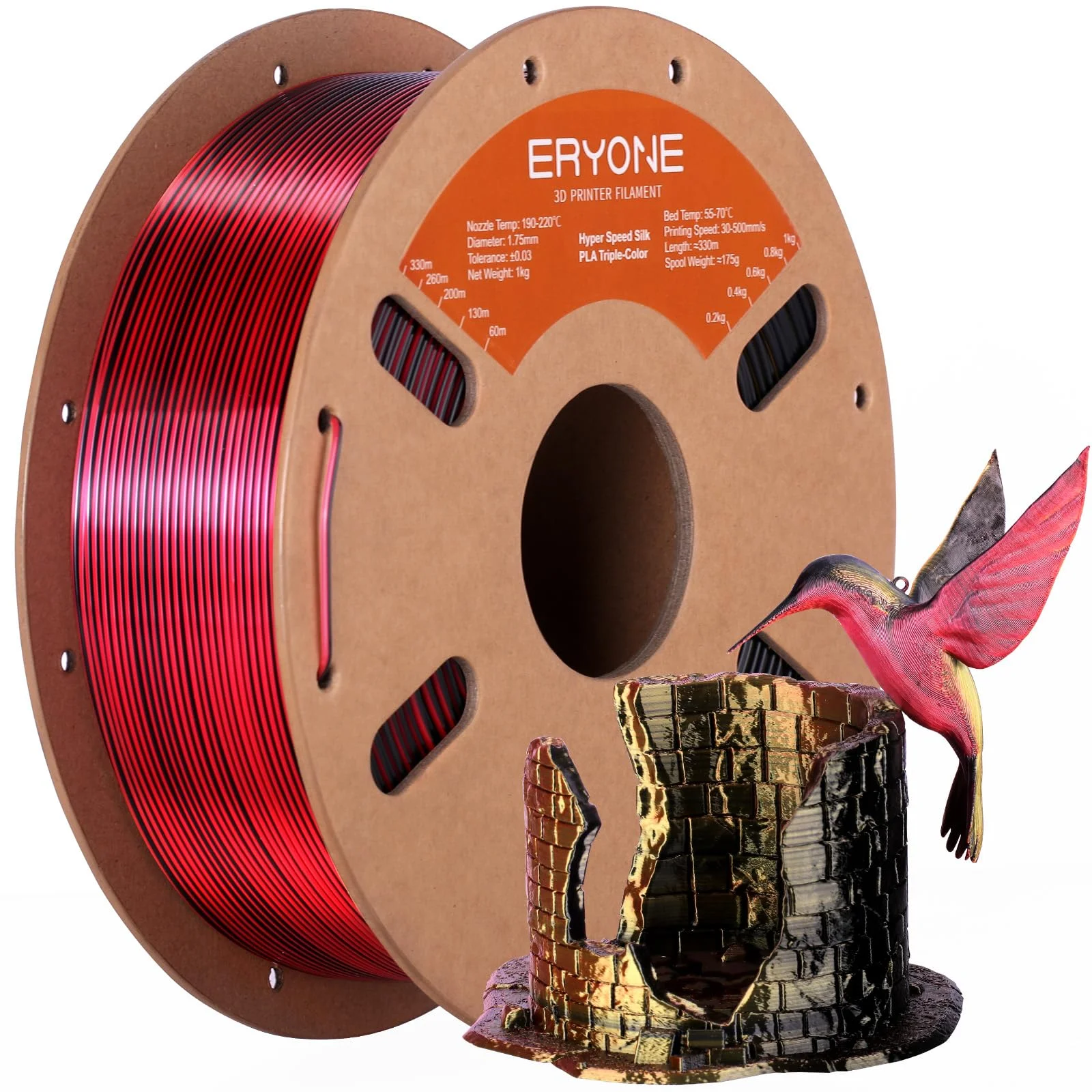 ERYONE High Speed Silk Tricolor PLA 1.75mm+/-0.03mm,Rapid 3D printing PLA Filament,30-500mm/s Hyper Speed filament,1kg (2.2LBS)/Spool,Rot Gold Schwarz