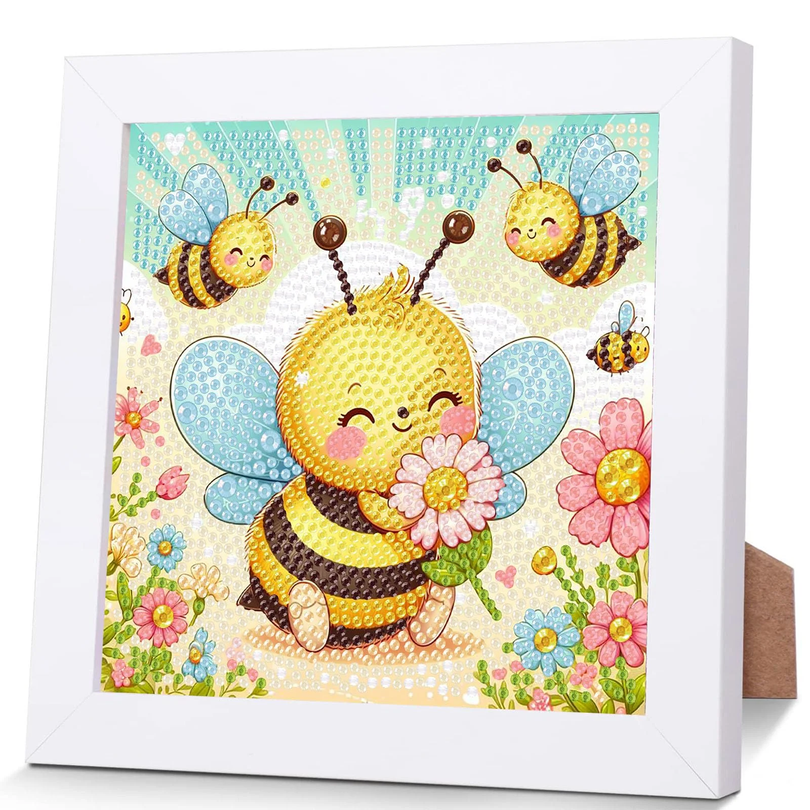 Pujeknm Biene Diamond Painting Kinder Mit Holzrahmen,Set Full Diamant Painting Bilder Kinder Tiere,5D Diamond Painting Mädchen,DIY Mosaikherstellung Arts Craft für Home Wand Decor 18x18cm
