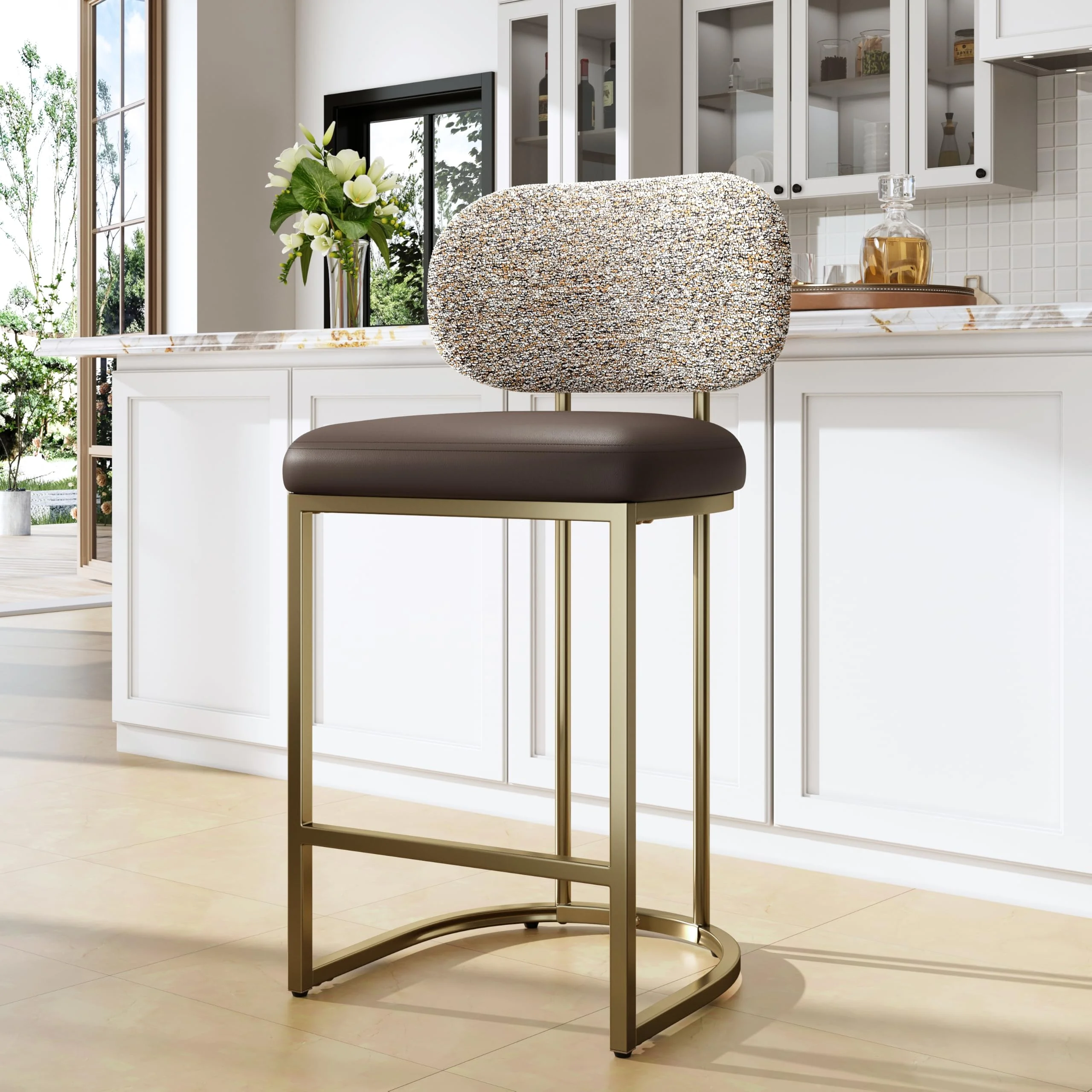 ALPHA HOME Barhocker Einzeln mit Lehne Küchenhocker mit Fußstütze Barstuhl mit Metallgestell Barstühle für Küche, Esszimmer, Hausbar, Kaffeefarbe