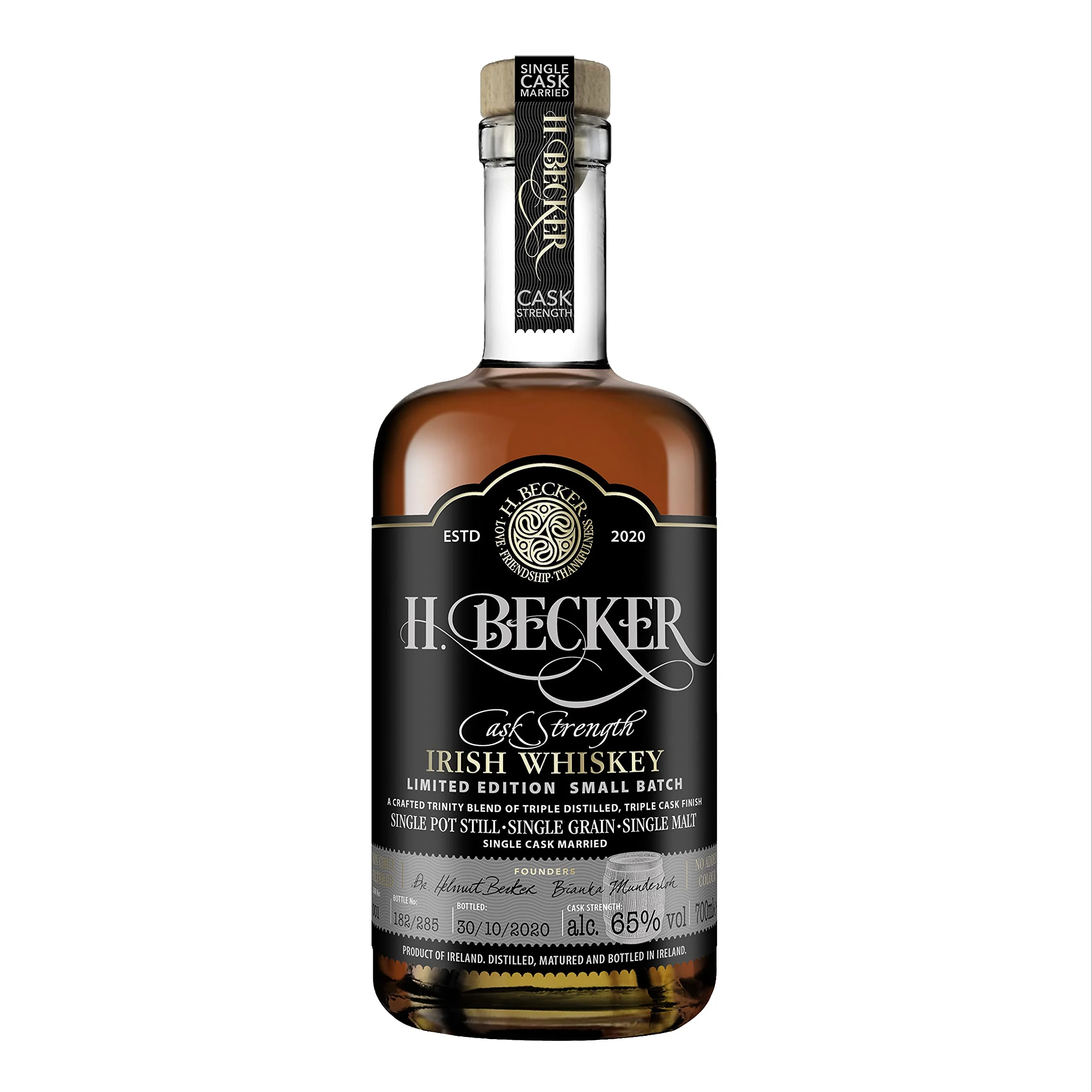 H. Becker Cask Strength Irish Trinity Whiskey I Limitierter Small Batch Whiskey I Trinity Blend aus Single Pot Still, Single Grain & Single Malt I 65% Vol. I 0,7 L