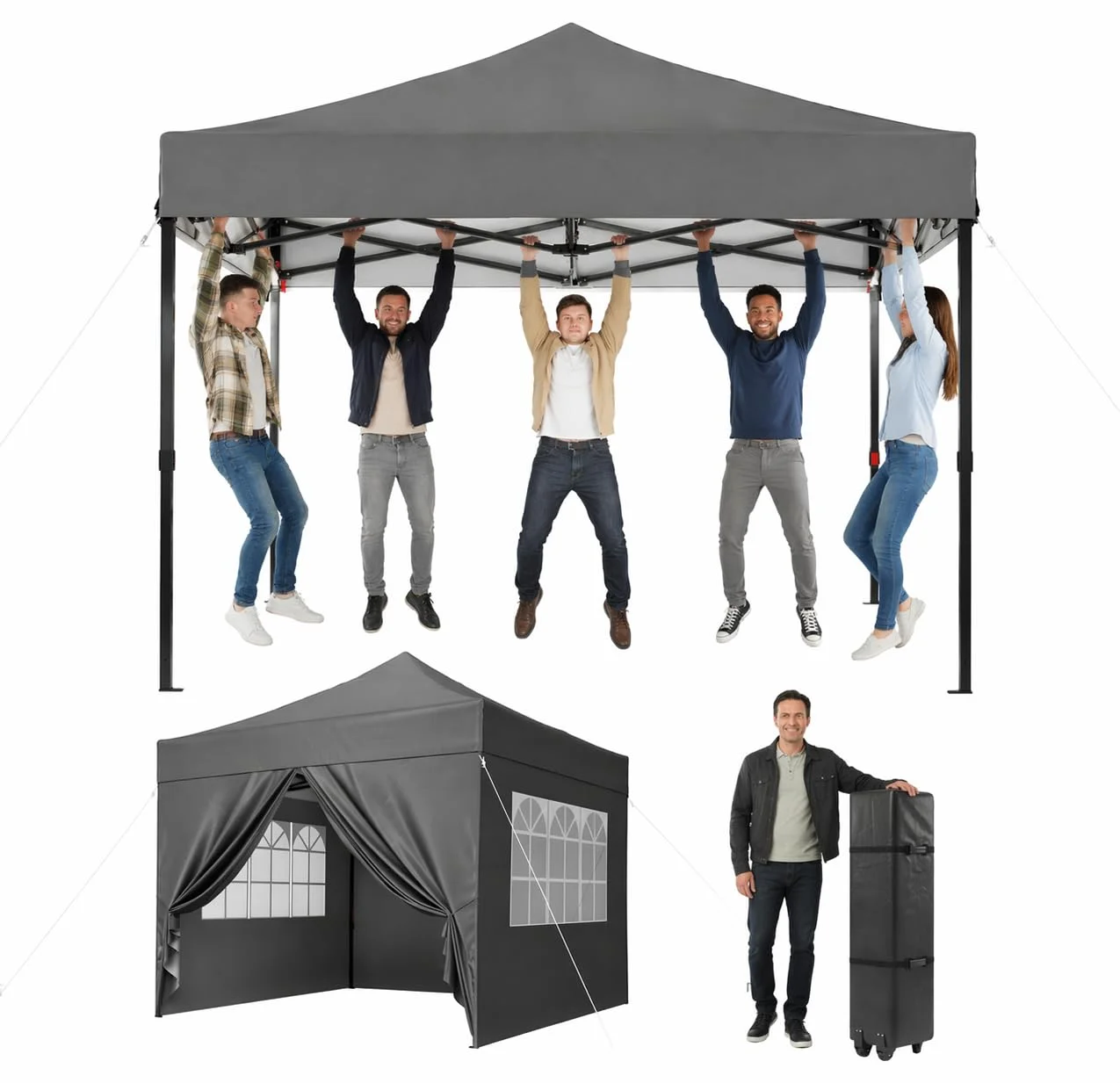 Aoxun Faltpavillon 3x3 wasserdicht stabil mit 4 Sandsäcke, Pop Up Pavillon Gartenpavillon Partyzelt faltbar Pavillion klappbar Anti-UV Inkl. Tasche mit Rollen für Garten, Innenhof,Hochzeiten, Grau