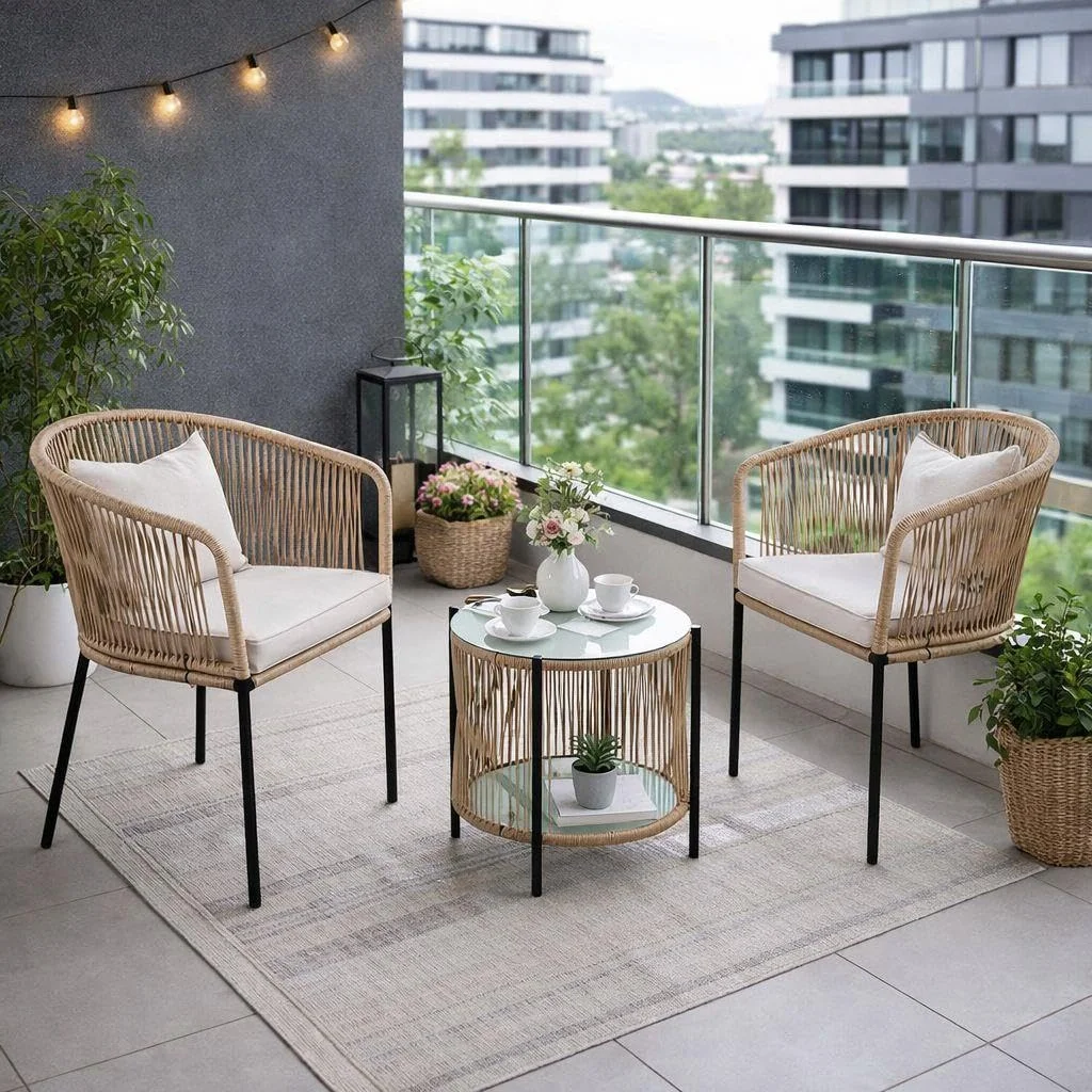 ESTEXO Bistro Set Balkonmöbel Sitzgruppe Outdoor Gartenset 2 Personen Rope Gartenset (Beige)