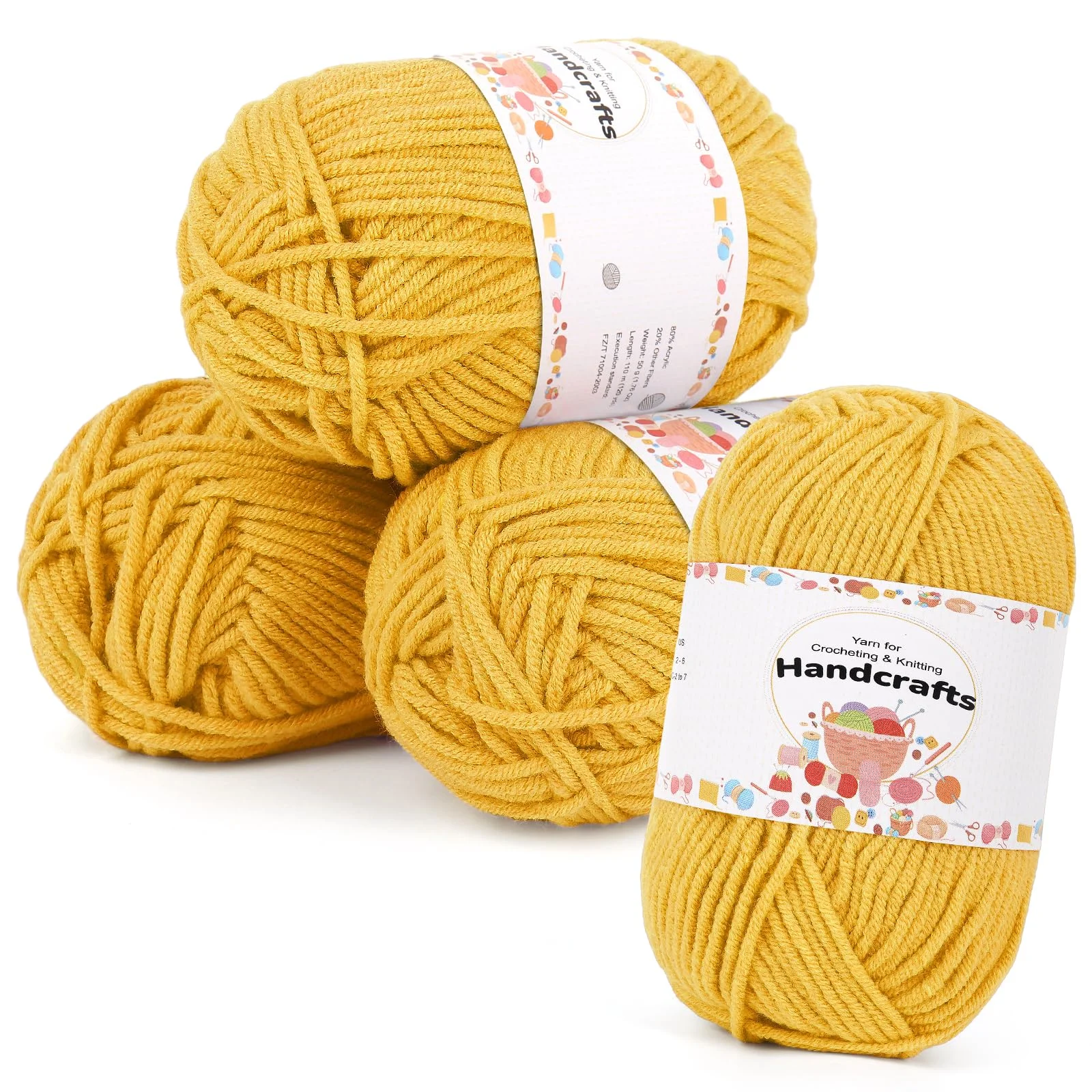 Aeelike 200g(4x50g) Häkelgarn Baumwolle zum Stricken, Langlebige Amigurumi-Set Polyacryl Baumwollgarn, 5Ply Garn zum Häkeln für Socken, Mützen, Schals, Pullover, Puppen,Kurkuma