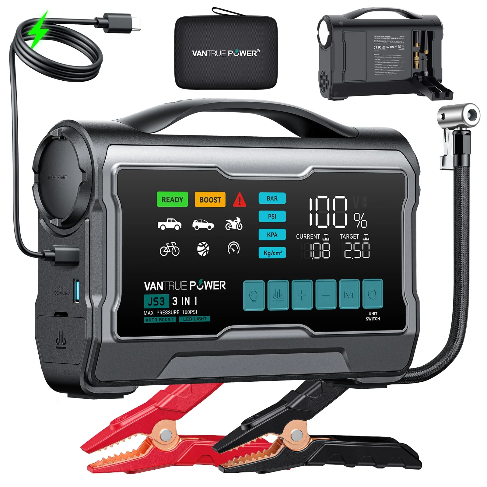 VANTRUE POWER JS3 3250A Starthilfe Powerbank für PKW mit 160PSI Kompressor 12V Auto Batterie Booster, 65W Schnelllade, für 8.0L Gas / 3.8L Diesel Einsatz in verschiedenen Notfallsituationen