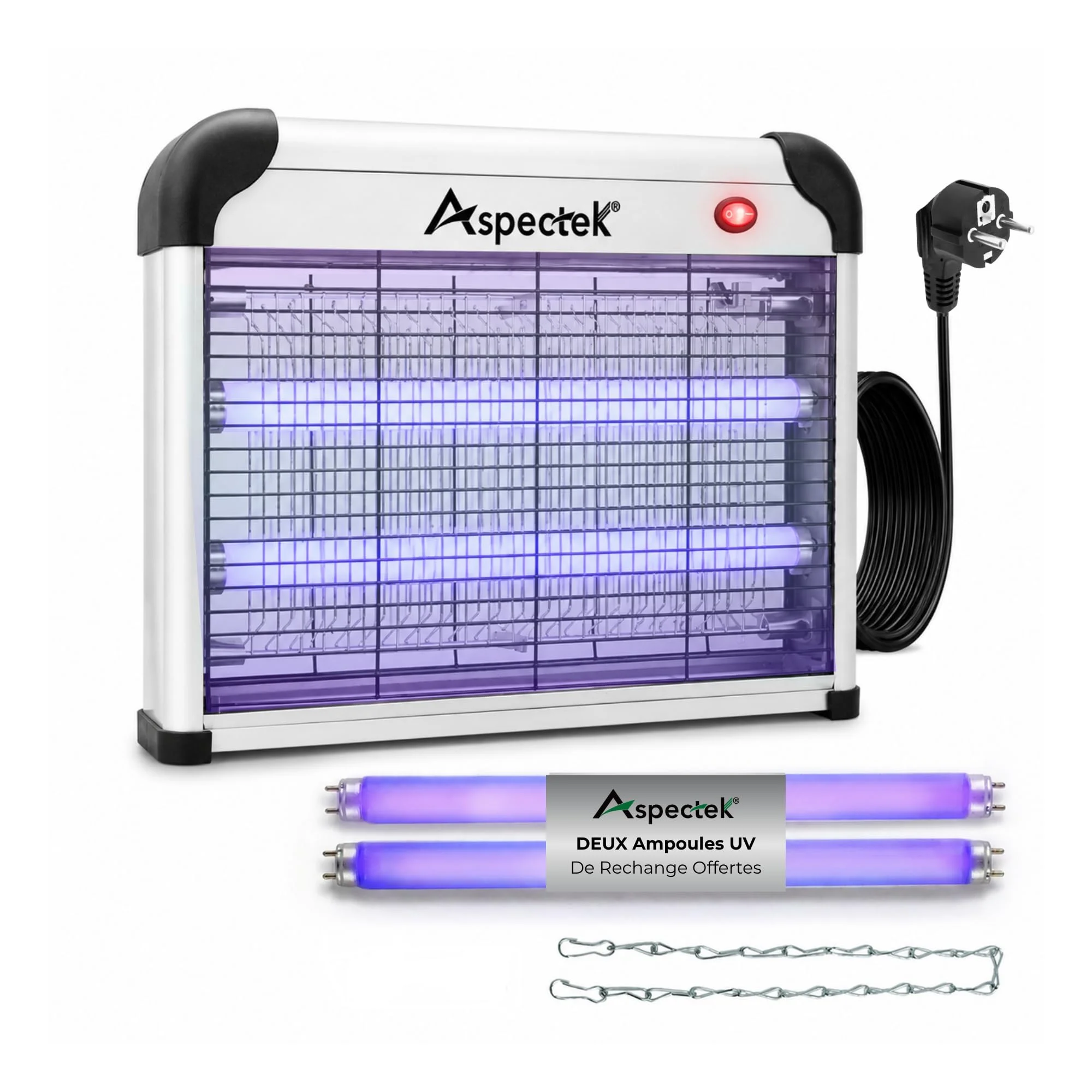 ASPECTEK Elektrischer Insektenvernichter 20W 2800V – UV Mückenfalle & Fliegenfalle für Innen, Insektenlampe gegen Mücken, Fliegen, Gnitzen, Inklusive 2 Ersatz-UV-Röhren