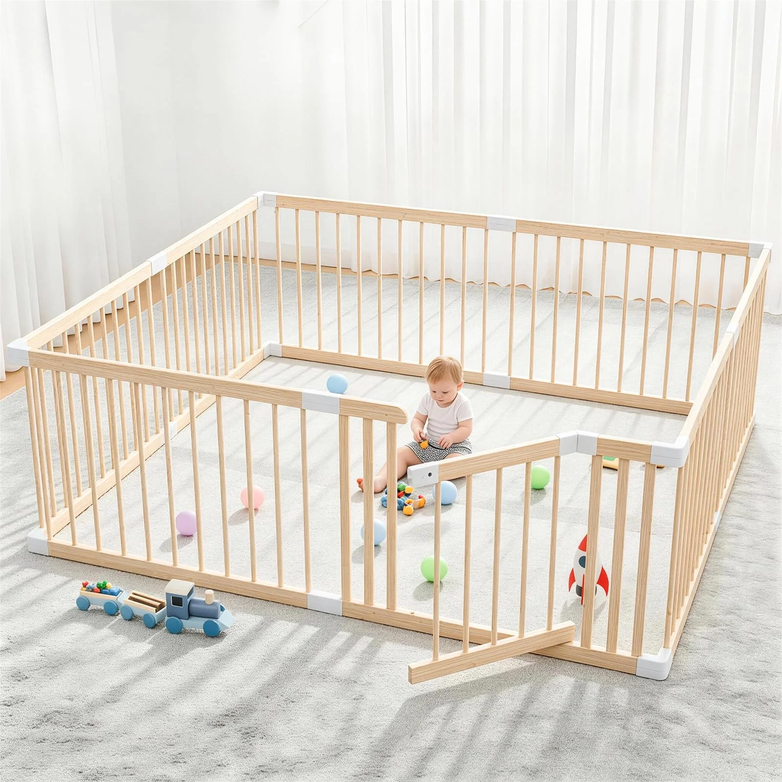 Laufstall Baby, Laufgitter Baby aus Holz, faltbar mit Tür & Sicherheitsverschluss, individuell formbarer Krabbelgitter Absperrgitter für Babys & Kleinkinder