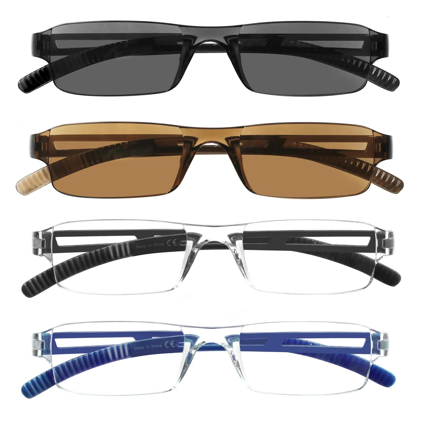 COJWIS 4er-Pack Rahmenlose Lesebrille für Damen und Herren Leicht und Bequem Anti Blaulicht Lesehilfe /TR90 Brille (1Schwarz 1Blau 2Sonnenbrillen, 2.25, multiplier_x)