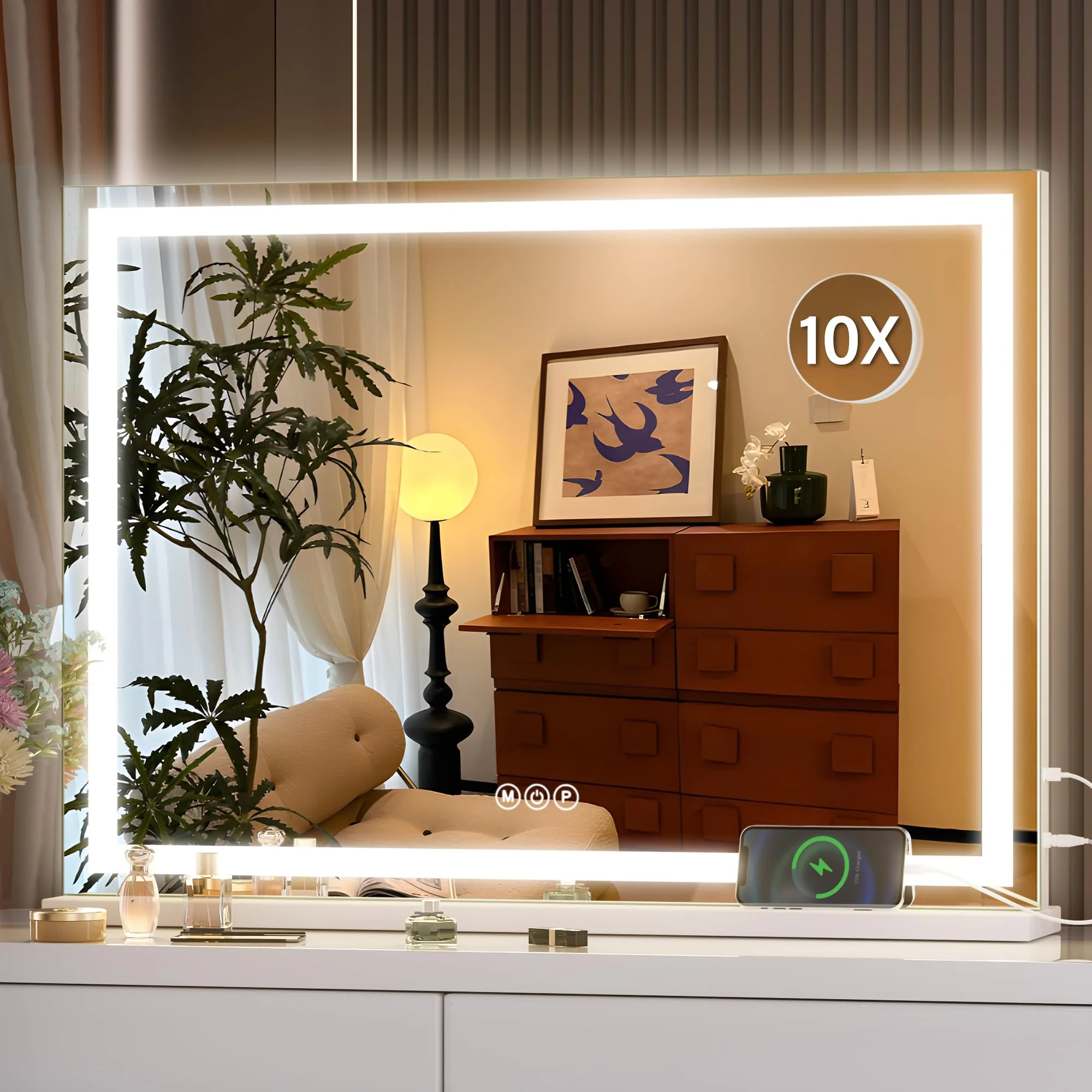 Hasipu Kosmetikspiegel mit Lichtern, 70 x 50cm LED-Make-up-Spiegel, beleuchteter Make-up-Spiegel mit 3 dimmbaren Modi, Kosmetikspiegel mit Touchscreen Steuerung Quadratisch Weiß