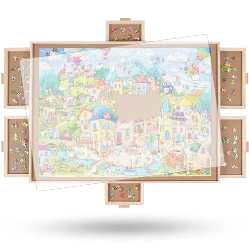 1000 Teile rotierendes Puzzlebrett mit 6 Schubladen und Abdeckung, 67,6 x 57 cm tragbarer Holzpuzzletisch für Erwachsene, Lazy Susan Spinning Puzzle Boards Mama
