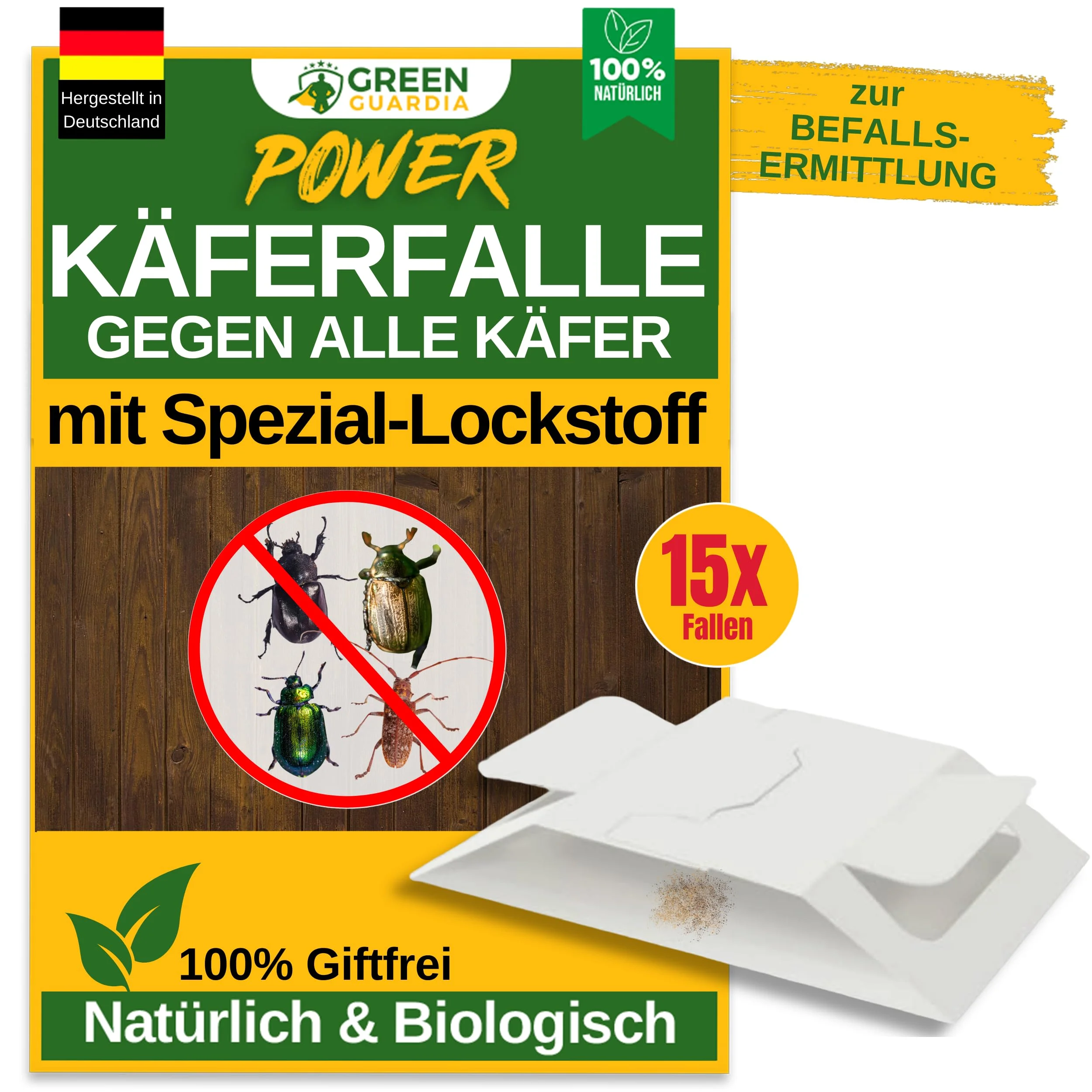 Käfer Falle mit Spezial-Lockstoff - 15x Käfer Fallen - umweltfreundlich alle Käfer bekämpfen, Chemiefreie Falle mit starker Klebefläche, giftfrei & geruchsneutral