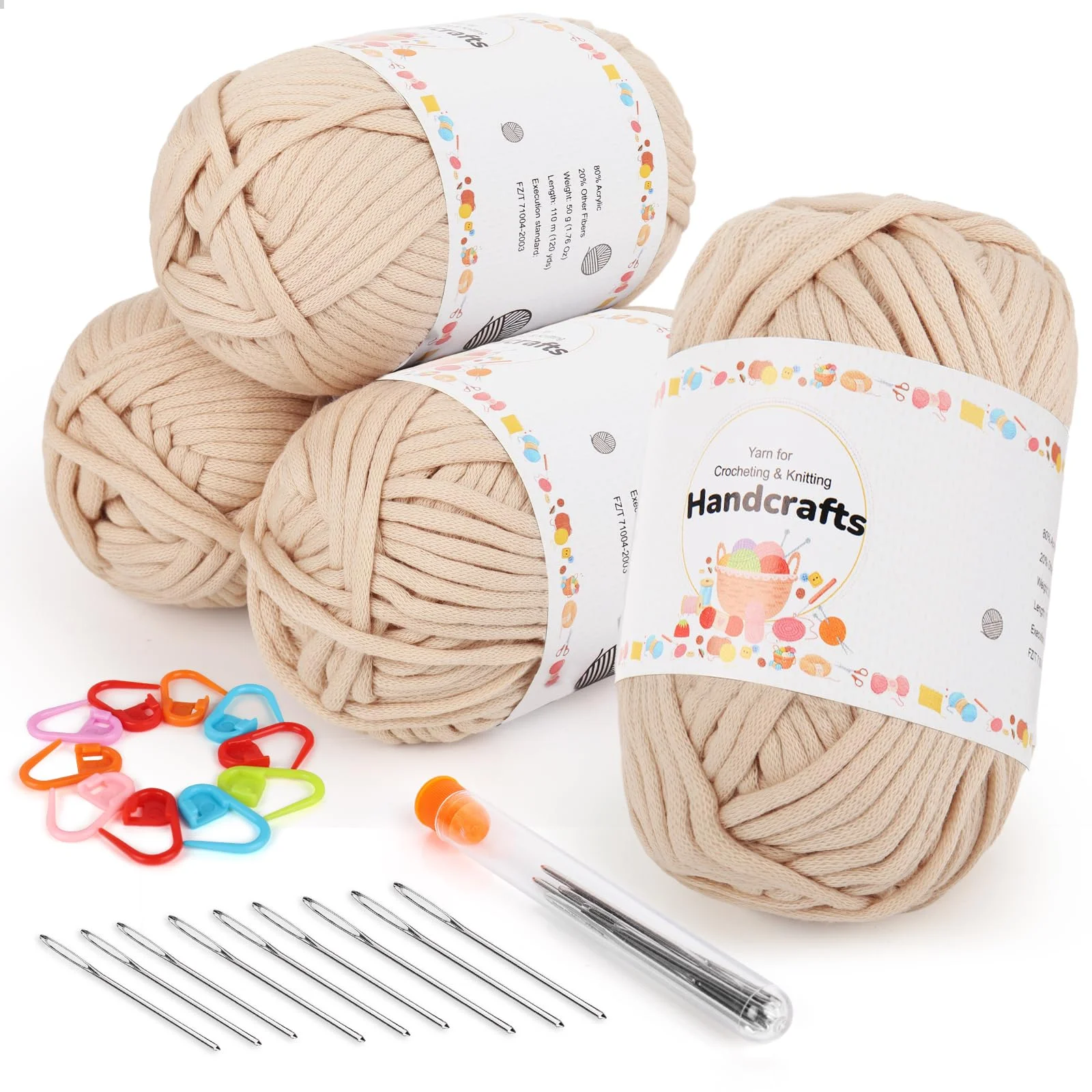 Aeelike 4X50g Beige Chunky Häkelwolle mit Zubehör, Häkel- und Strickgarn für Anfänger, Kein Geteiltes Häkeln Garn, Wolle zum Häkeln mit gut Sichtbare Maschen, Baumwolle zum Stricken für Puppen, Körbe