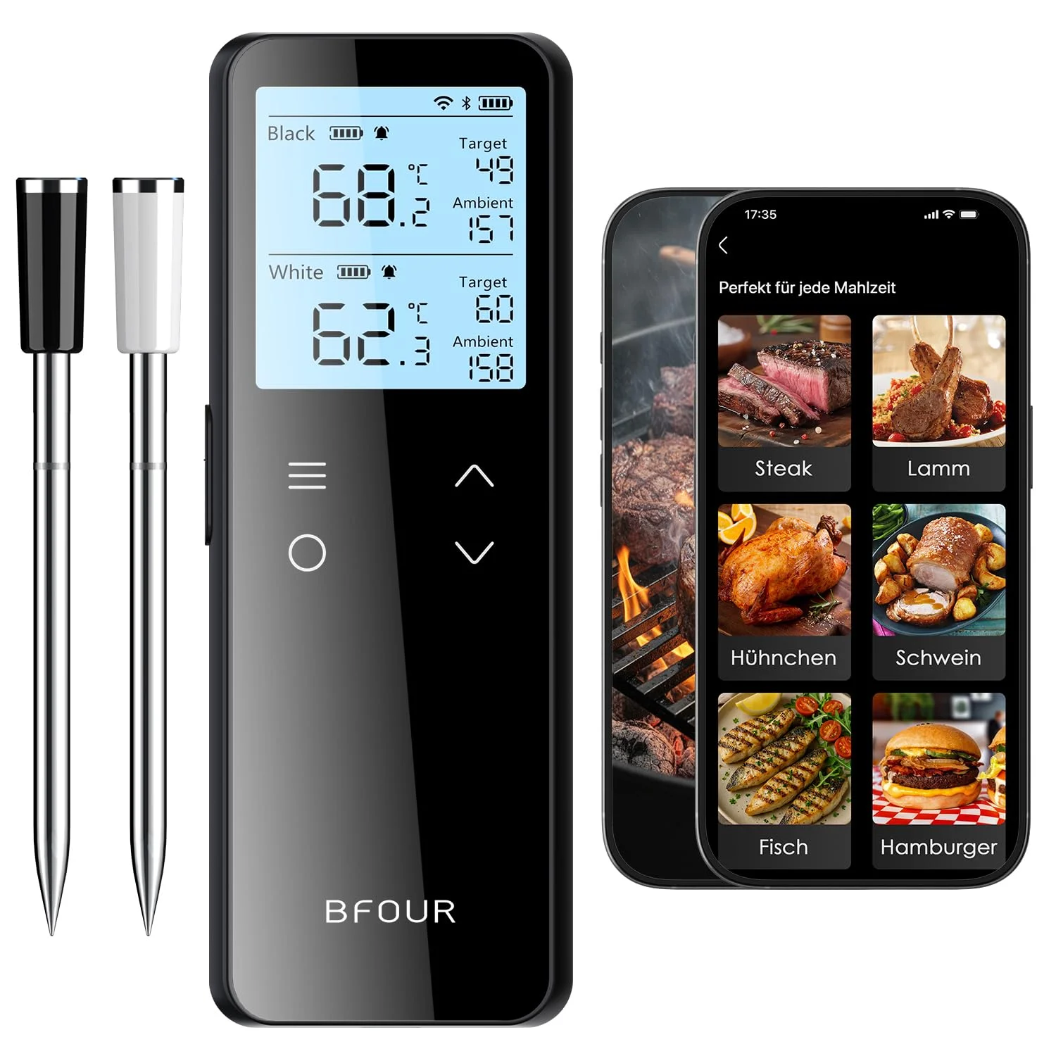 BFOUR BF-80 Fleischthermometer kabellos, WLAN & Bluetooth Grillthermometer, 2 Sonden, 6 Sensoren, IP67 wasserdicht, Touch-Taste, APP-Steuerung, Bratenthermometer für BBQ, Backofen, Grill