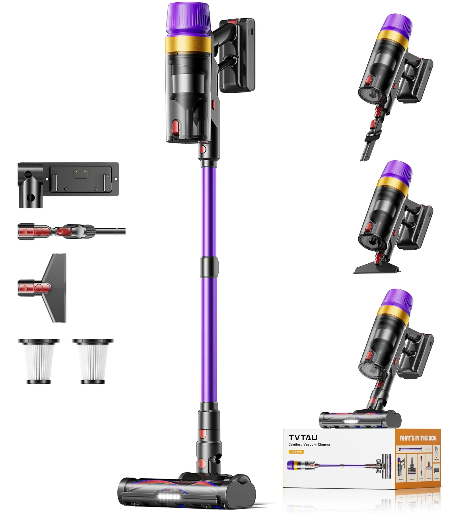 TVTAU Akku Staubsauger Kabellos Testsieger, 55000Pa/75Min/1,8L beutellos, selbststehender Stiel-/Stabstaubsauger mit Anti-Tangle & Ladestation – stark für Tierhaare/Teppich/Hartboden/Auto (Violett)