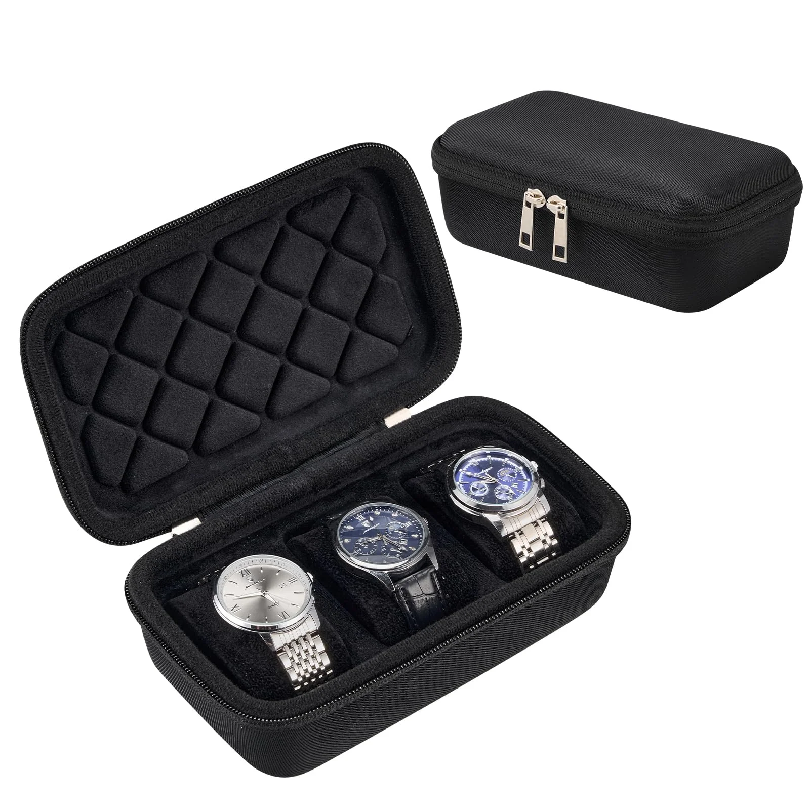 ProCase Uhrengehäuse Reise-Uhrenetui mit 3 Fächern, Tragbare Uhrenbox Aufbewahrungsbox für Uhren, Watch Travel Case Organizer für Damen Herren -Schwarz