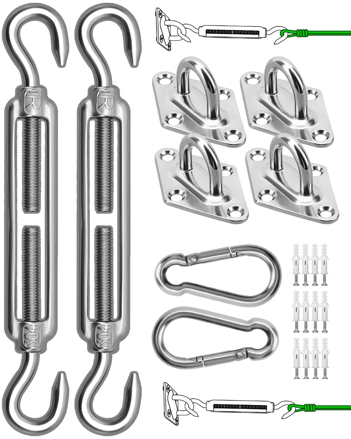 Sonnensegel Hardware Kit 304 Edelstahl Sonnenschutz Vordach Installationsset für die Installation von rechteckigen und dreieckigen Schatten Segeln Garten Beschattungs Kit…