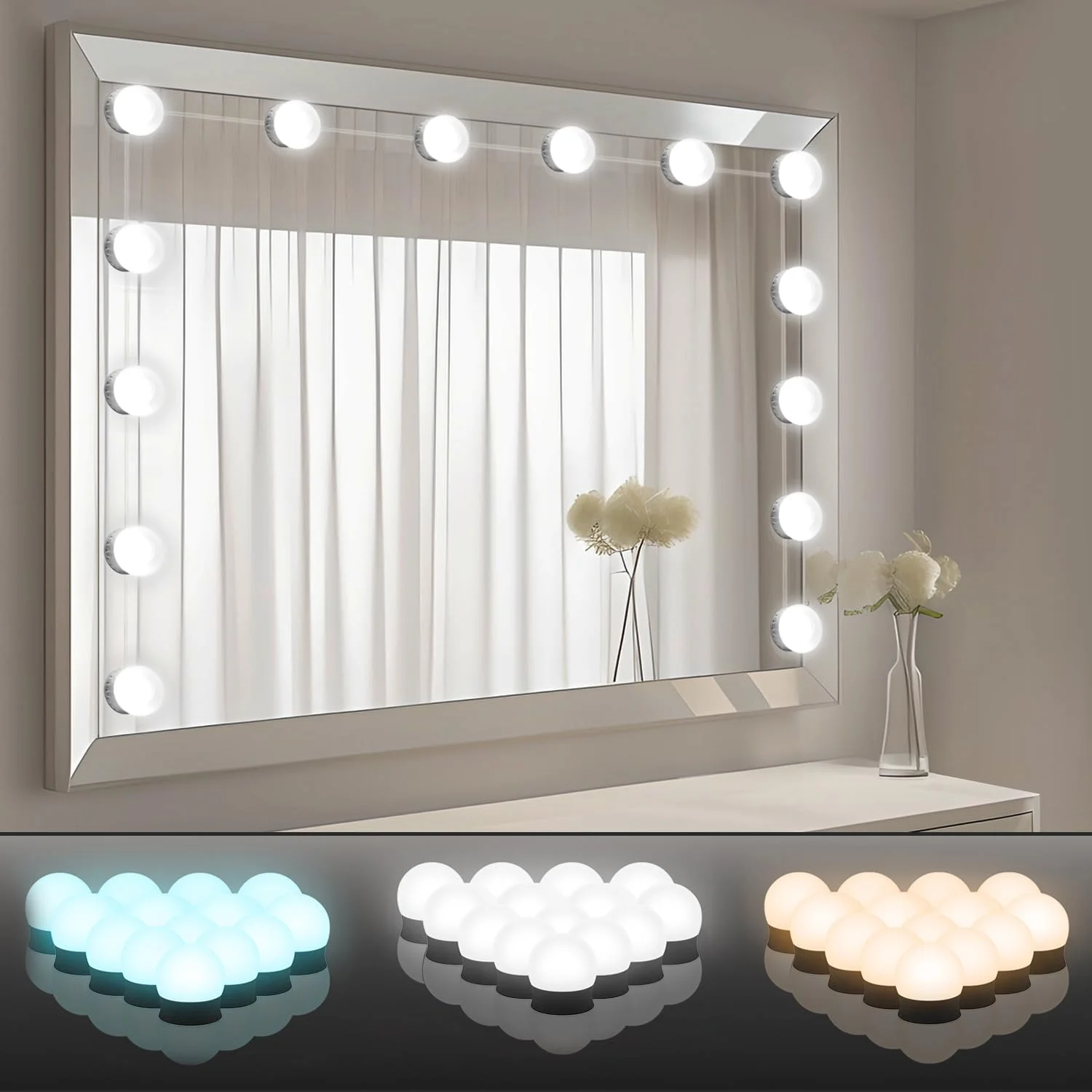 JRXH Hollywood Stil Eitelkeits Spiegel Lichter Kit, Justierbare Farbe und Helligkeit mit 14 Lichter Schminklicht, Spiegel Beleuchtung Spiegelleuchte für Make up Eitelkeits Tisch