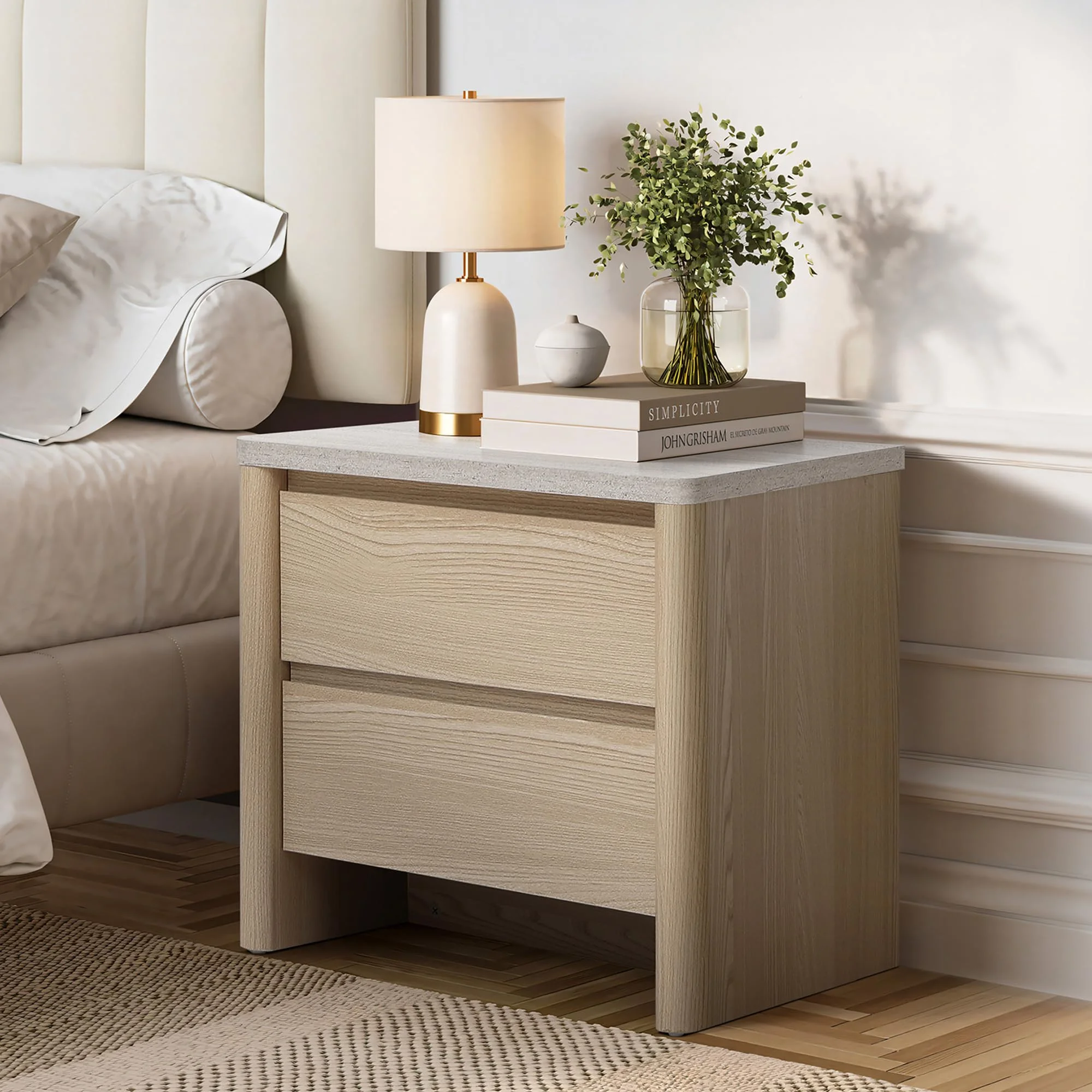 Hometopia Beistelltisch mit Schnee-Eichenoptik, Schubladen & Kunst-Travertin-Platte – Modischer Nachttisch für Schlafzimmer & Wohnzimmer, auch als praktischer Beistelltisch einsetzbar