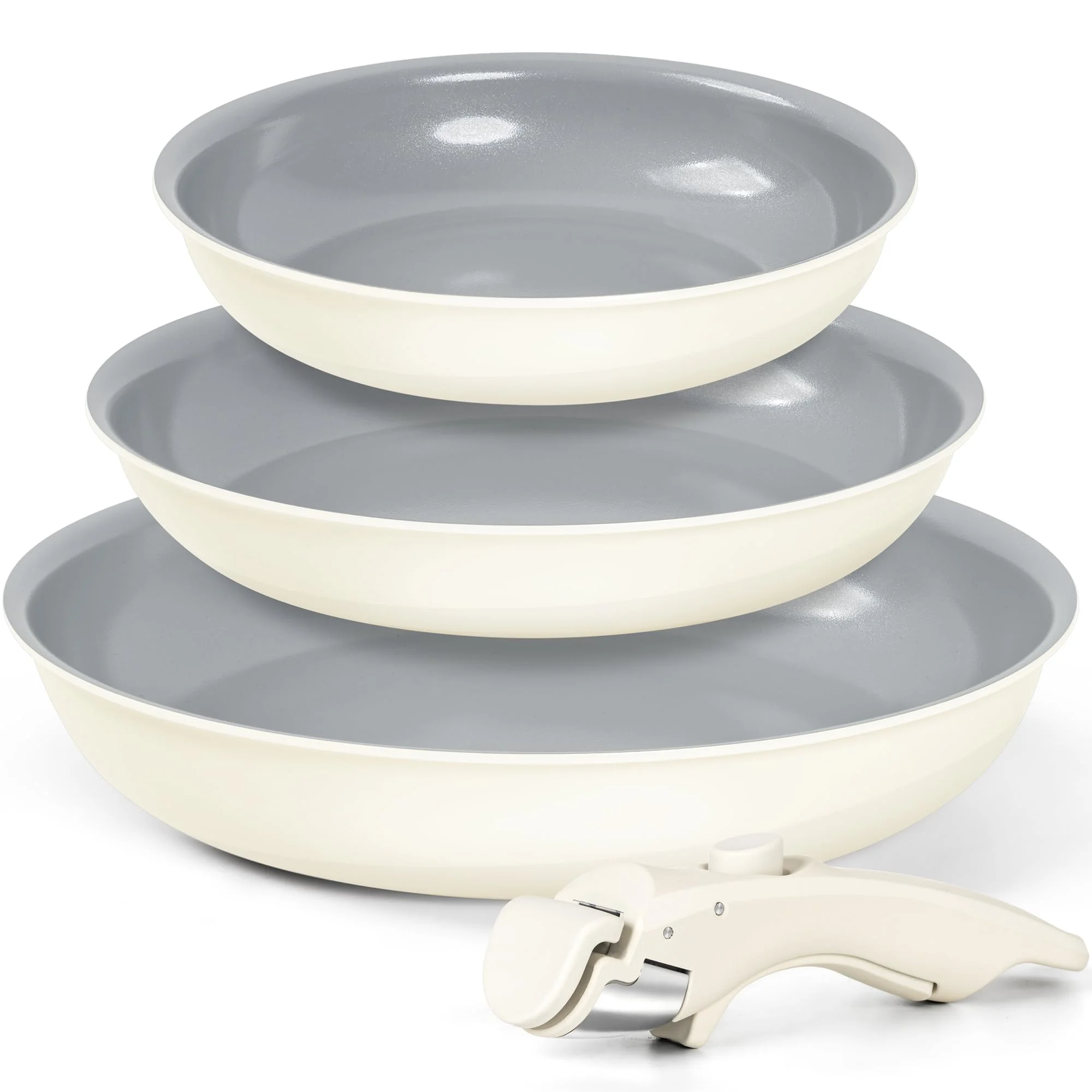 MICHELANGELO Keramik Pfannenset 4-teilig, 20/24/28 cm, 3 Pfannen mit abnehmbarem Griff, stapelbar & platzsparend, für Induktion, Gas, Ceran und Elektro, Antihaft, ofenfest bis 240°C, Cremeweiß/Grau