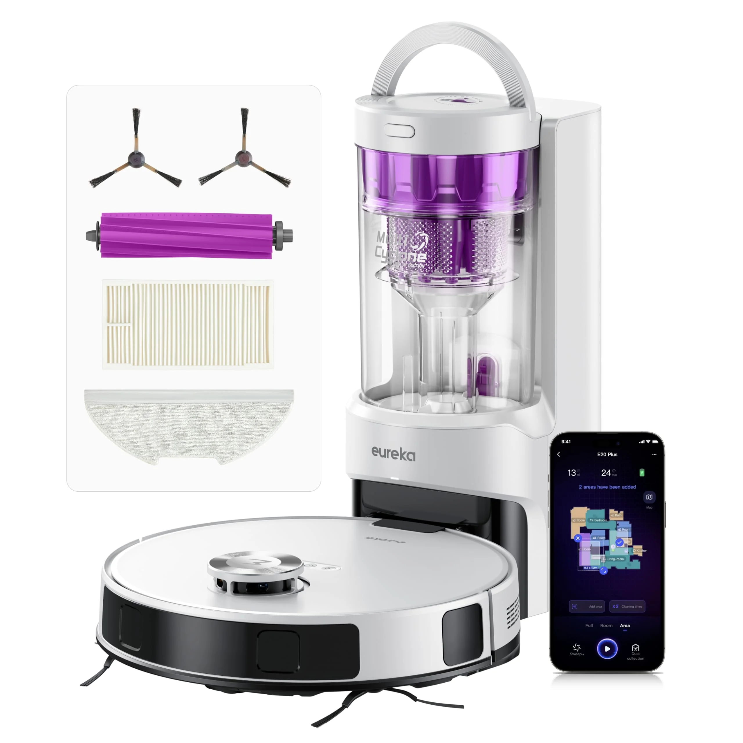 Eureka E20 Plus Saugroboter mit Absaugstation ohne Beutel, Staubsaugroboter 8000 Pa, Anti-Wickel, 180 Minuten Laufzeit, 3D Hindernisvermeidung, DuoDetect AI