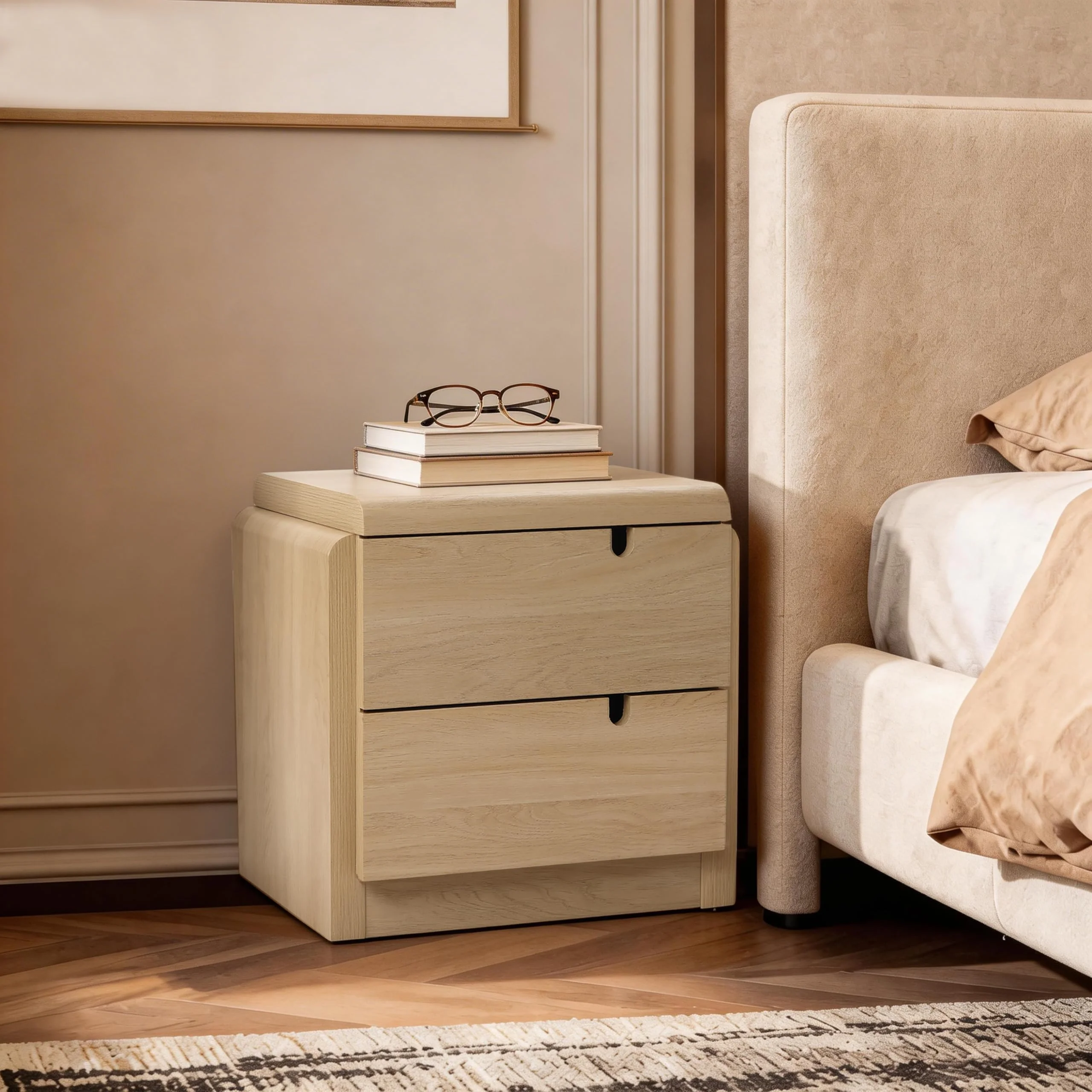 Hometopia Moderner Nachttisch mit 2 Schubladen, beistelltisch klein in Eichenoptik mit abgerundeten Kanten, als Bedside Table oder Beistelltisch für Schlafzimmer und Wohnzimmer, 55 × 40 × 53 cm