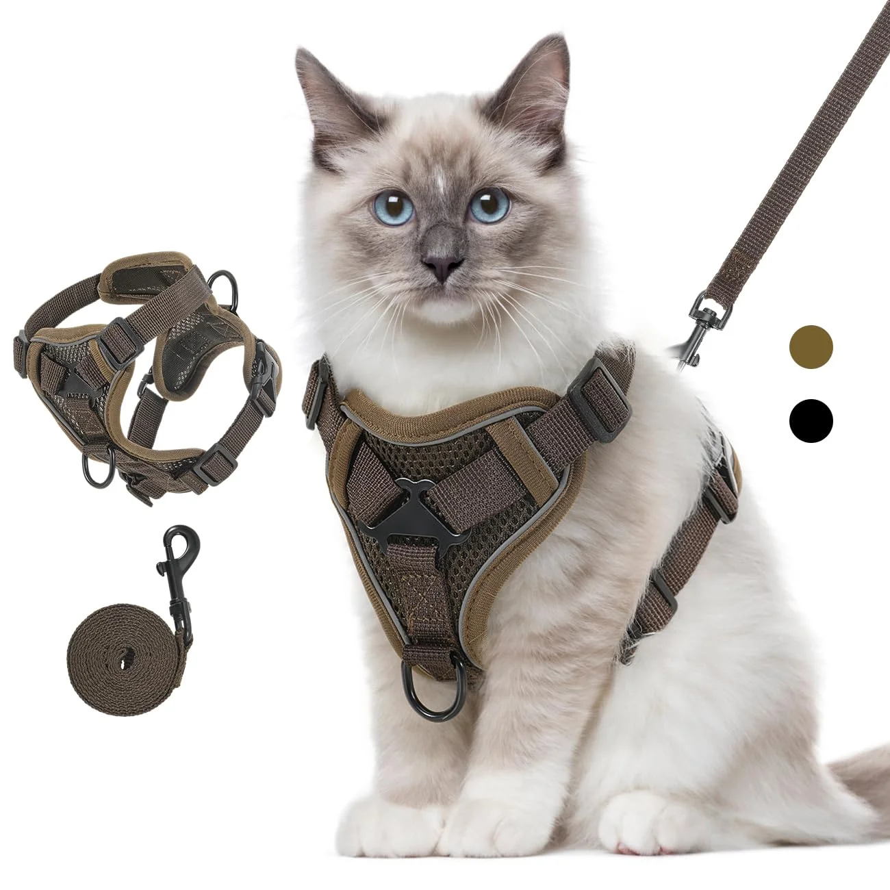 VavoPaw Katzengeschirr mit Leine Ausbruchsicher, Verstellbar Katze Brustgeschirr mit Reflektierend Streifen & Atmungsaktiv Netzgewebe, Weich Haustier Geschirr für Katzen Kätzchen Welpen, M Kaffee