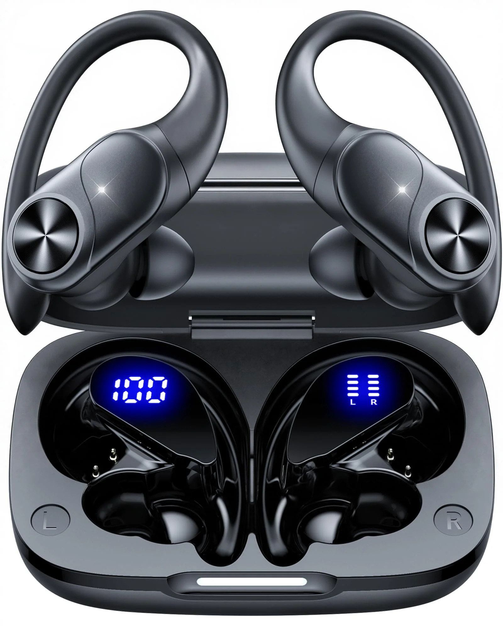 ECLVOX Kabellose Bluetooth Kopfhörer Sport, 80h Laufzeit mit LED Akkuanzeige, Bluetooth 5.3, IPX7 Wasserdicht, ENC Mikrofon, Physische Tasten, In-Ear Ohrhaken für Joggen & Fitness