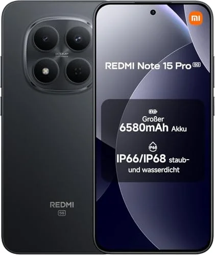 XIAOMI Redmi Note 15 Pro 4G Smartphone 12+512 GB – 6500-mAh-Akku, 200-MP-Kamera, IP65-Wasserschutz, 6,77" FHD+ AMOLED-Display, Schwarz, Included Watch 5 Active