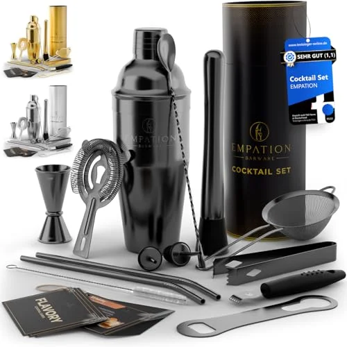 EMPATION Cocktail Shaker Set: 7 & 14-teilig, Edelstahl, in Schwarz & Gold – Das Bar Set für Anfänger & Profis