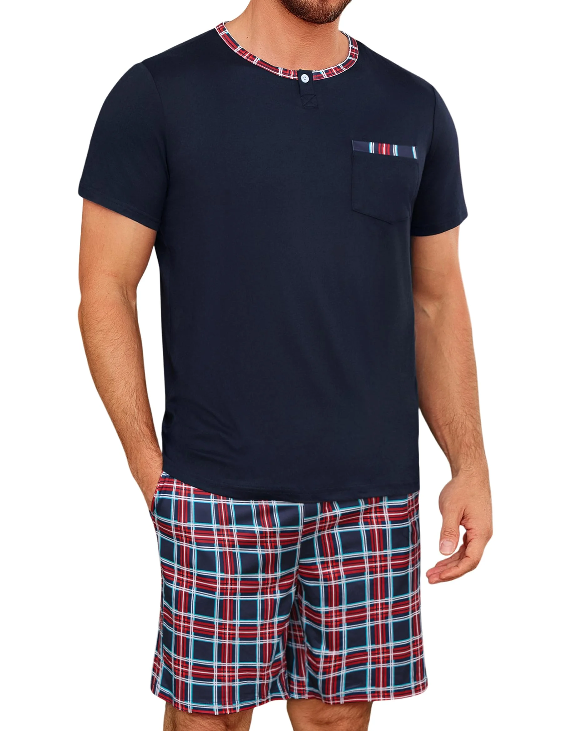 Jahetuul Schlafanzug Herren kurz Schlafhose Karomuster Pyjama Sommer Rundhals Schlafanzüge für Herren Pyjamashort Nachtwäsche Männer