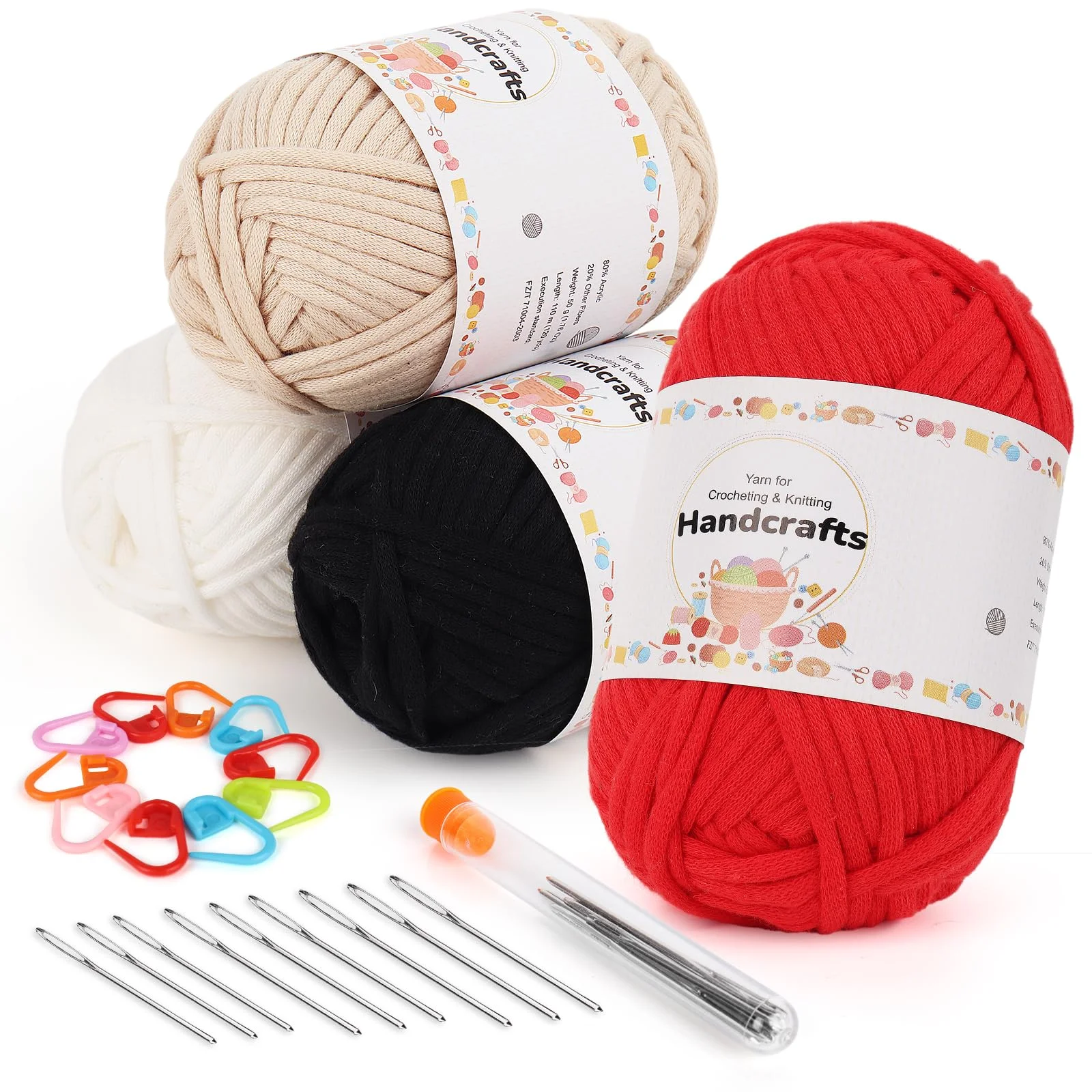 Aeelike 4X50g Chunky Garn Baumwolle zum Häkeln, Dicke Häkelgarn Yarn mit Häkelzubehör für Anfänger, Kein Geteiltes Wolle zum Häkeln, Strickgarn mit gut Sichtbaren Maschen, Weiß + Rot + Beige + Schwarz