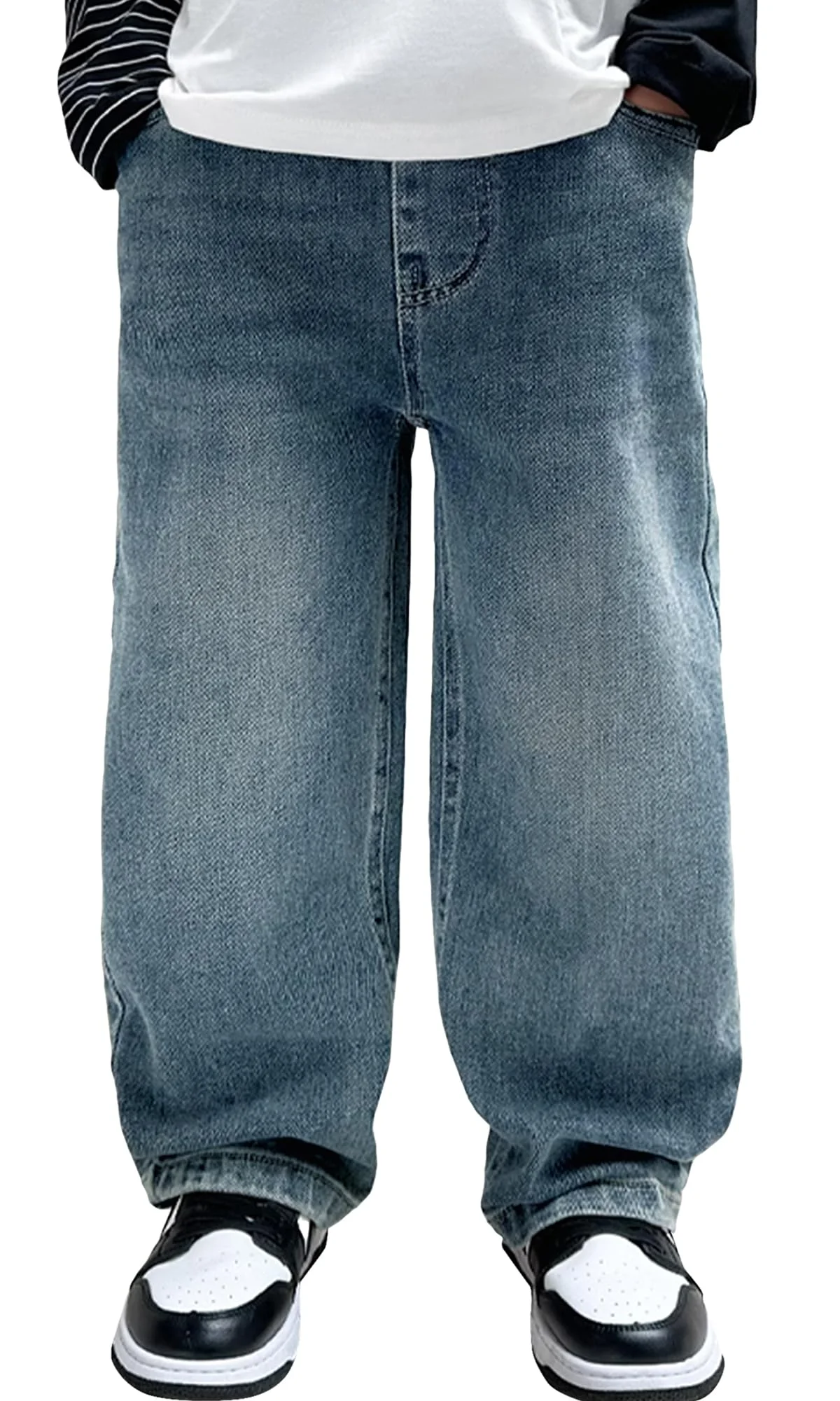 Happy Cherry Jungen Jean Hosen Baggy Denim Hose Kinder Elastische Taille Jeans mit Weitem Bein Casual Loose Straight Jeanshosen 120-170