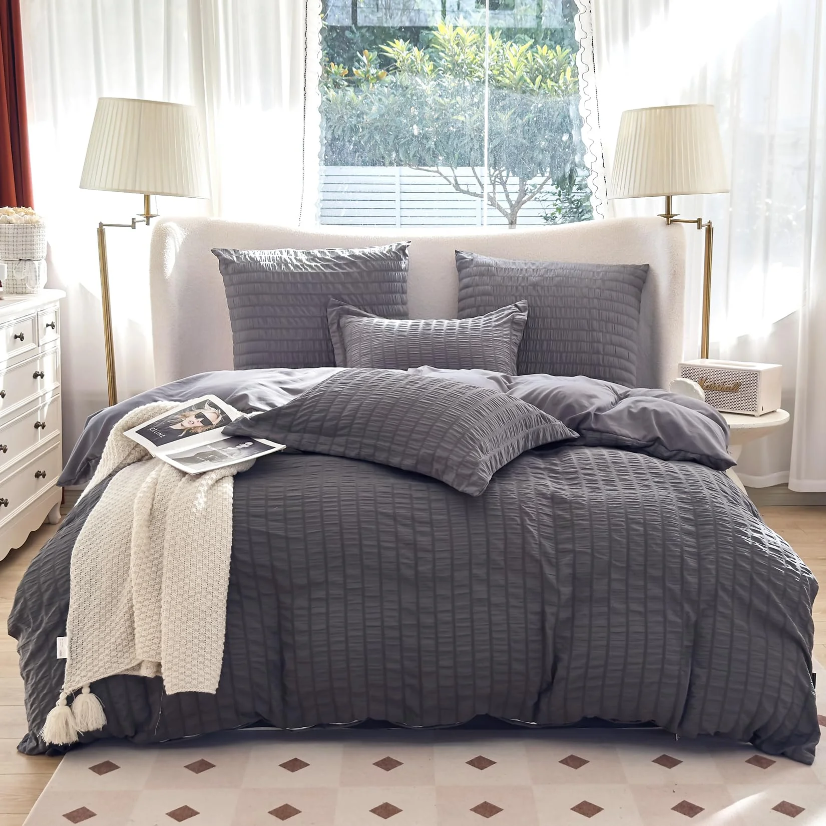 Amolavet Seersucker Bettwäsche 135x200 Grau Streifen Atmungsaktive Mikrofaser Bügelfreie Bettwäsche 2 Teilig Set mit Reißverschluss Kühl und Komfortabel für Sommer Einzelbett