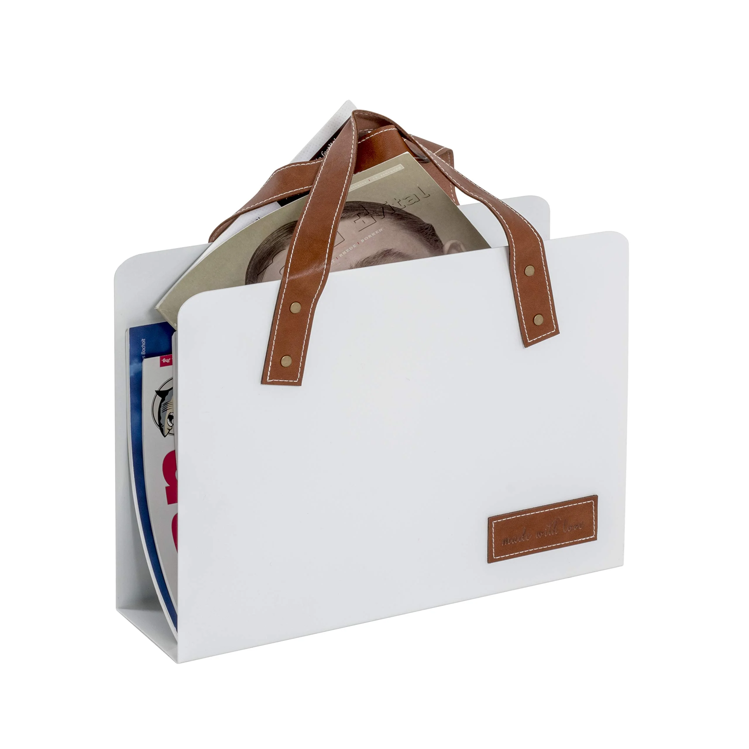 HAKU tragbarer Zeitungsständer Metall weiß Tragegriffe Kunstleder braun - Maße: B 35 x H 38 x T 10 cm, Style: Modern
