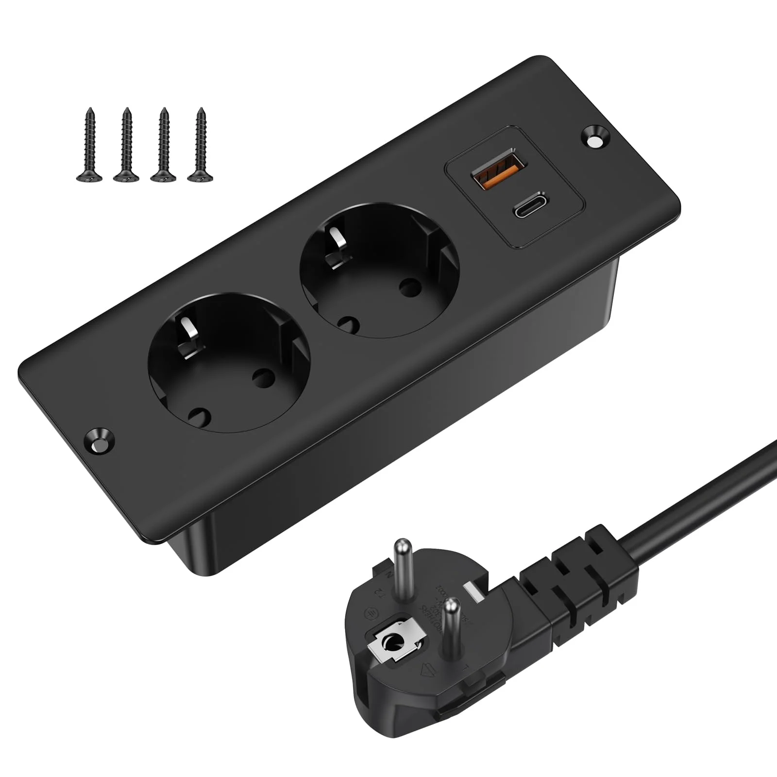Tischsteckdose mit 2 USB und 2-Fach Steckdosenleiste, 2m Kabel, für Möbel und Arbeitsflächen