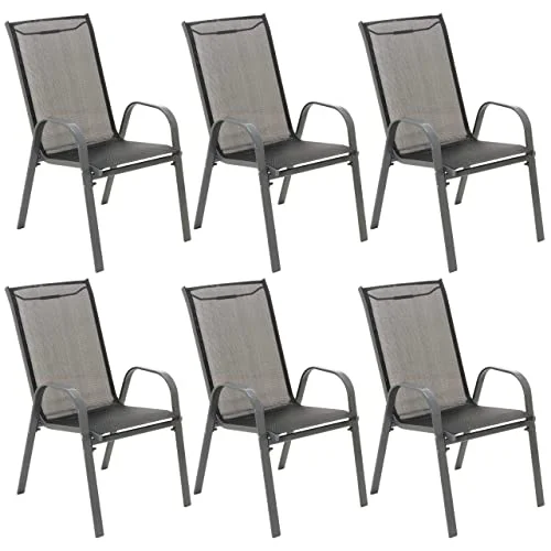 Nexos Trading 6er Set Gartenstuhl Camping Stapelstuhl Hochlehner Terrassenstuhl – Textilene Stahl stapelbar – Farbe: Rahmen anthrazit/Bespannung schwarz